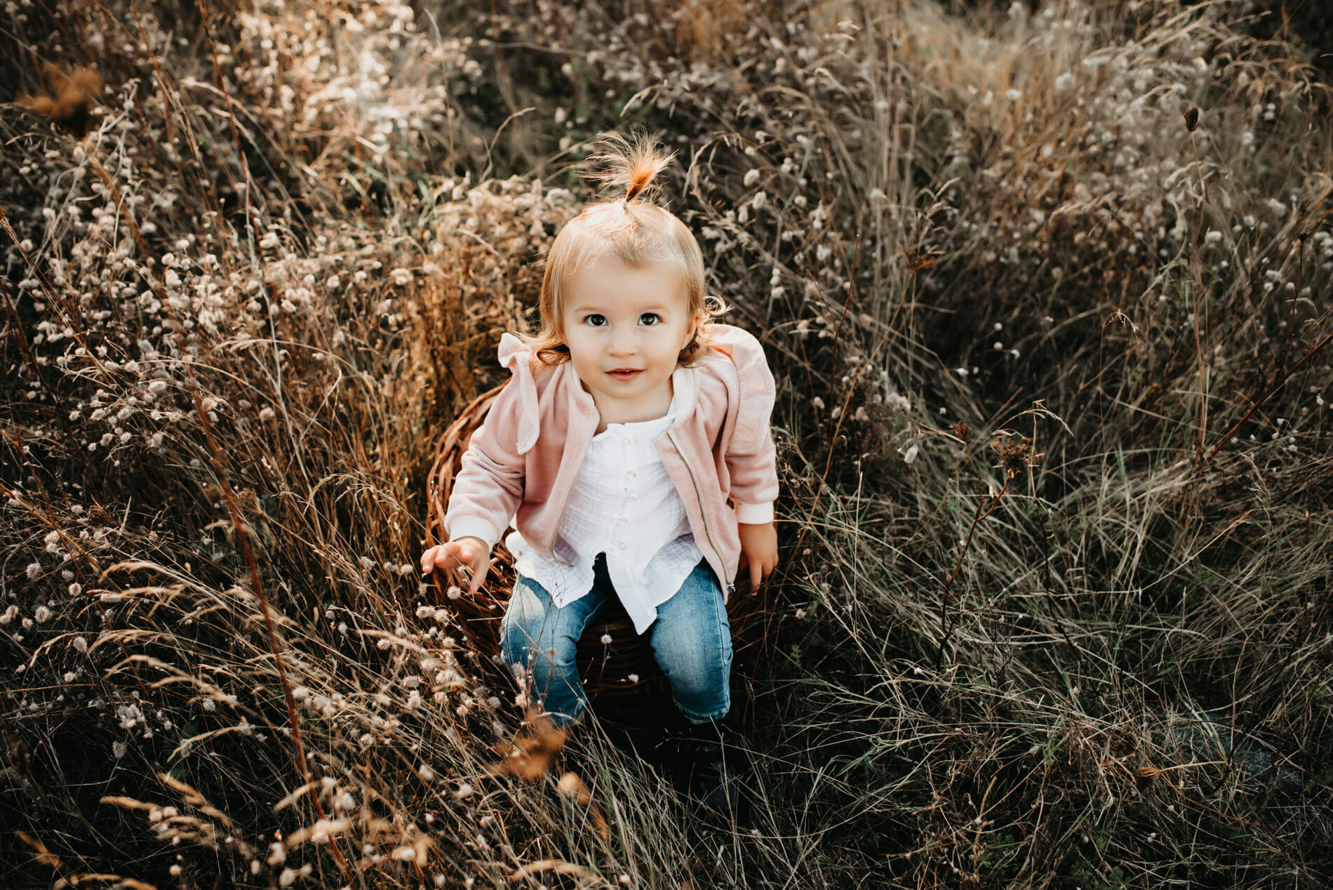 A young cute girl sitting in a field with beautiful fall colors looking directly into the camera