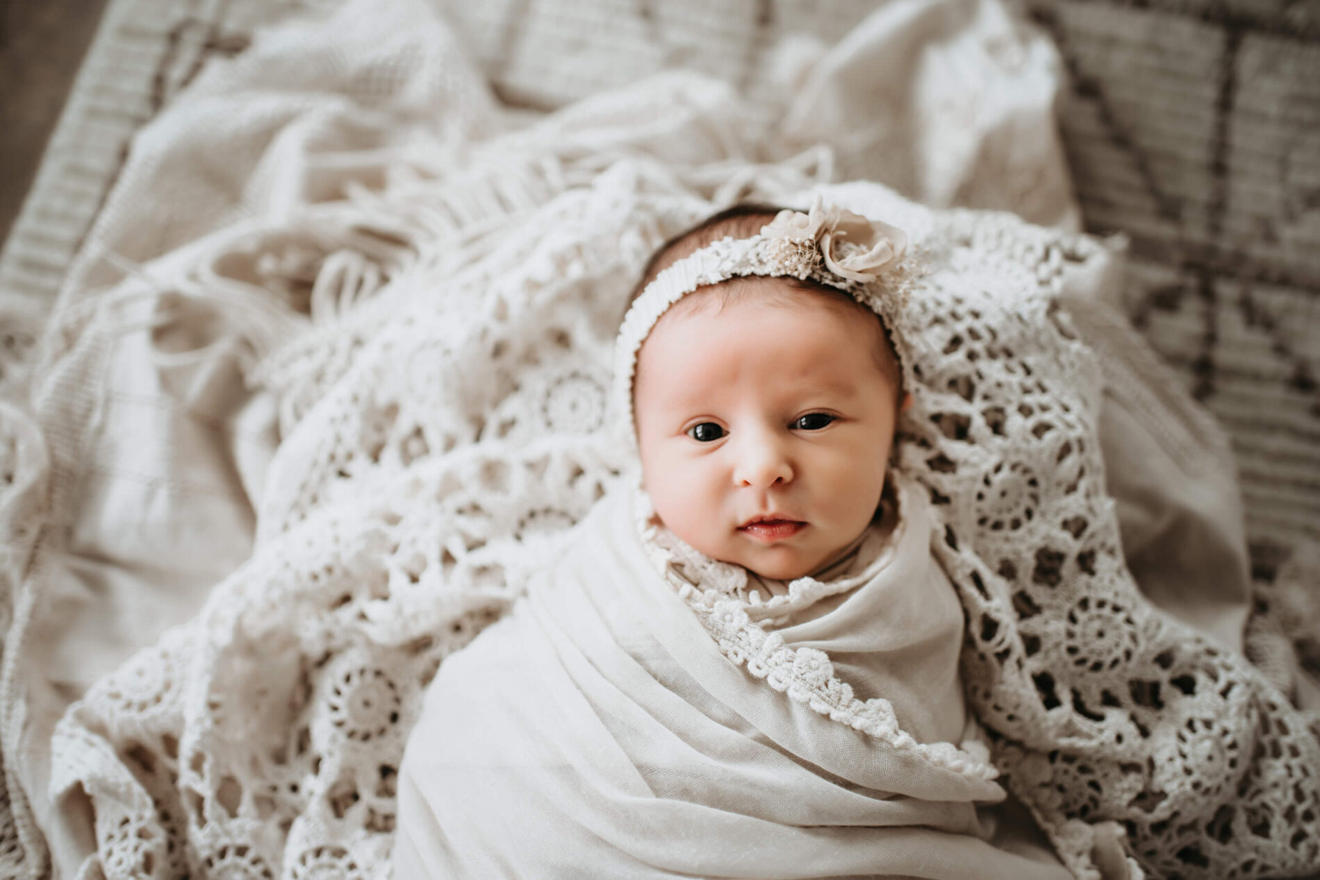 Awake newborn girl wrapped in cozy blankets looking straight into the camera