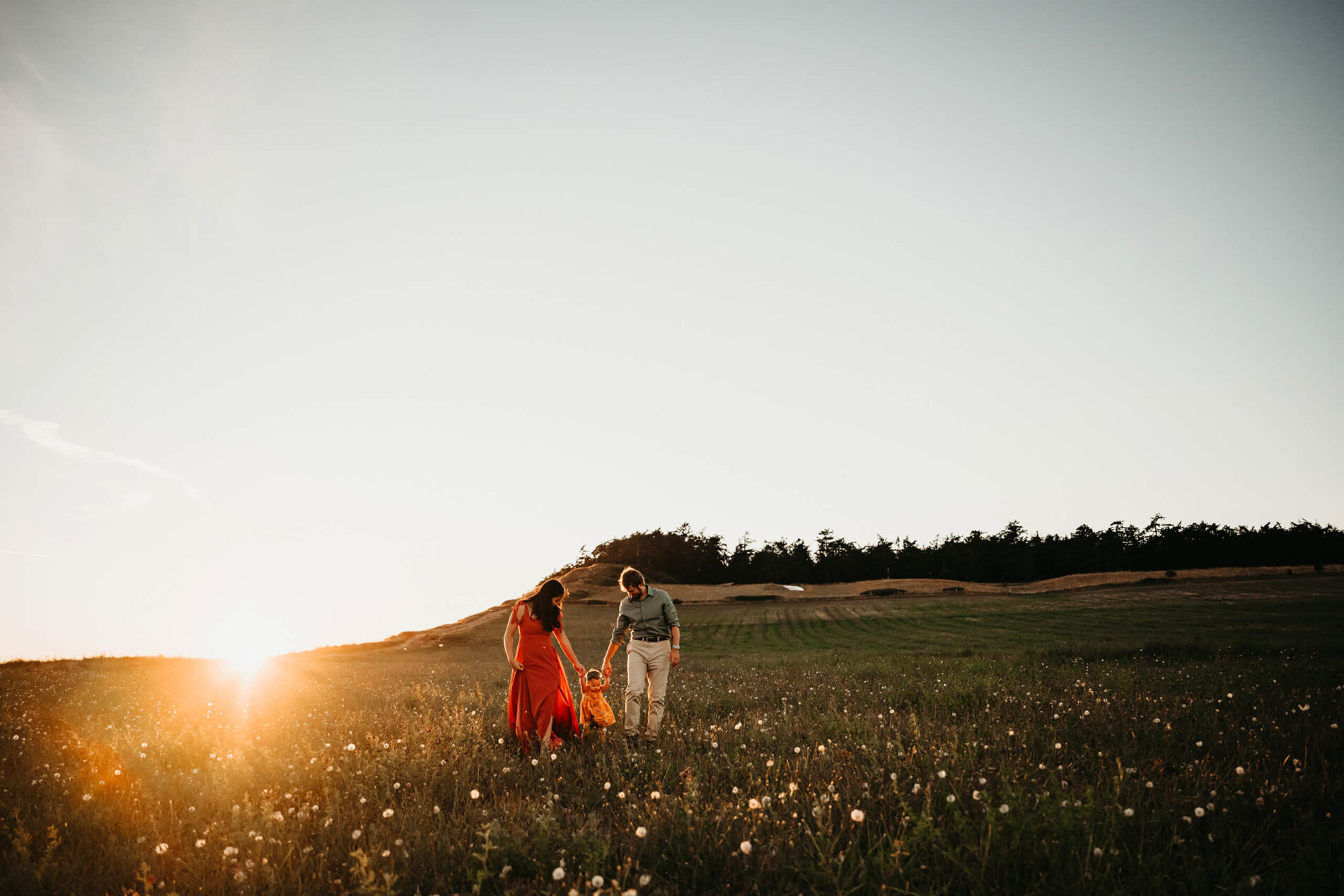 Mom and dad walking with their toddler girl in a meadow during sunset in Whidbey Island, WA