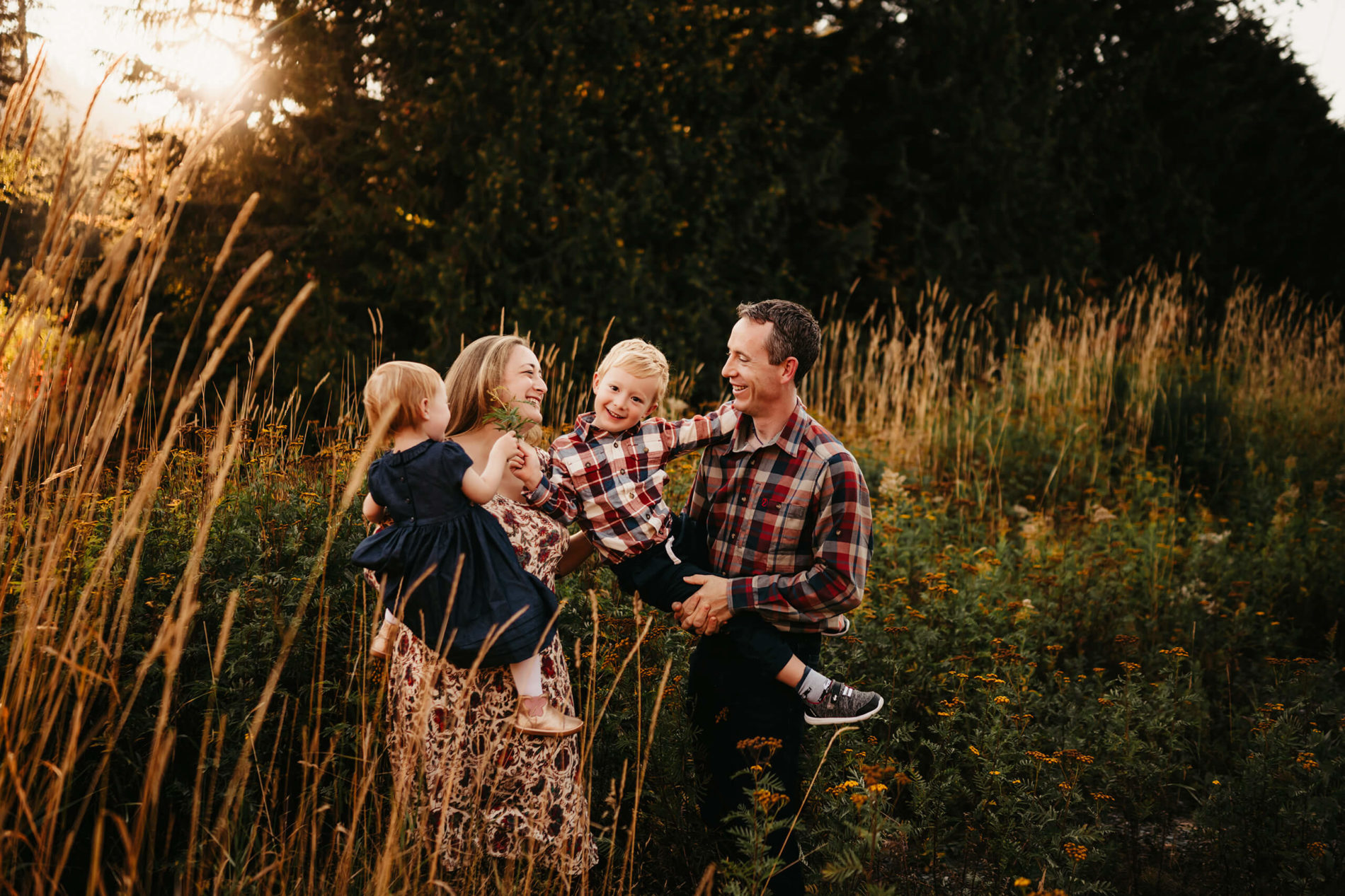 An enchanting scene of love and laughter: Mom, dad, daughter, and son sharing a delightful moment in a beautiful field, skillfully captured in a professional portrait
