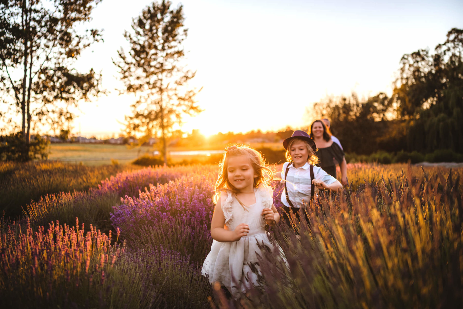 Sister and brother running through lavender field during sunset with mom and dad blurred in the background