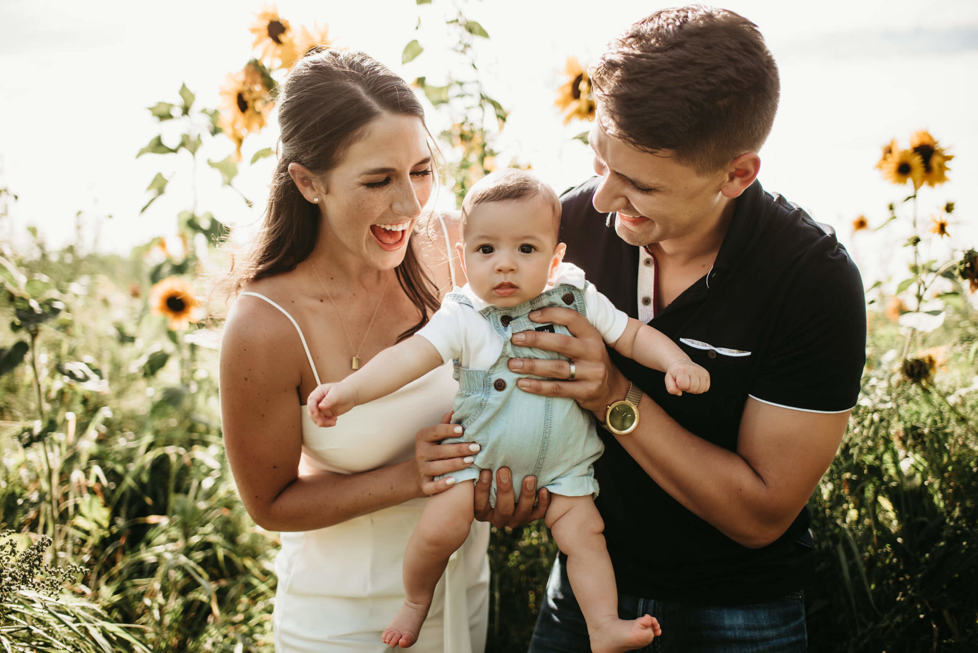 Smiling mom and dad holding their toddler son surrounded by sunflowers