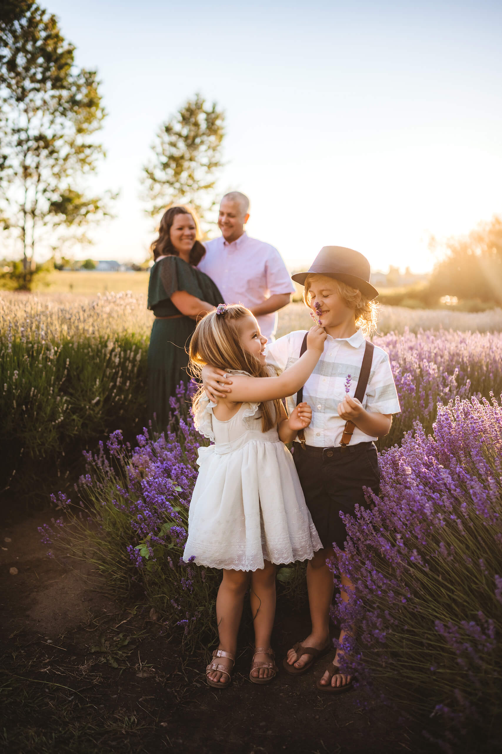 Sister and brother hugging in a lavender field with parents watching in the background