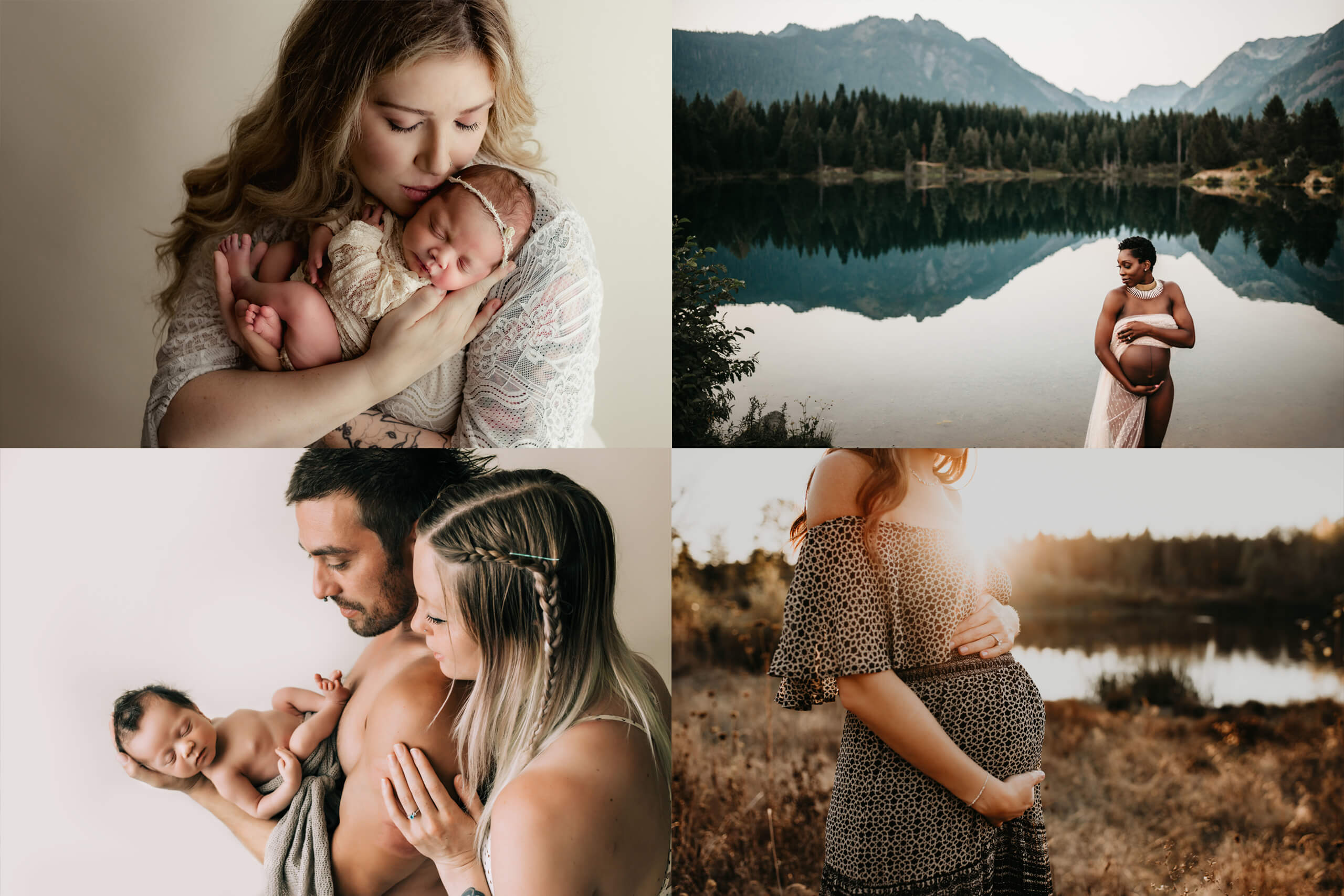 Collage of maternity, newborn, and family portraits by Lana Sky Photography