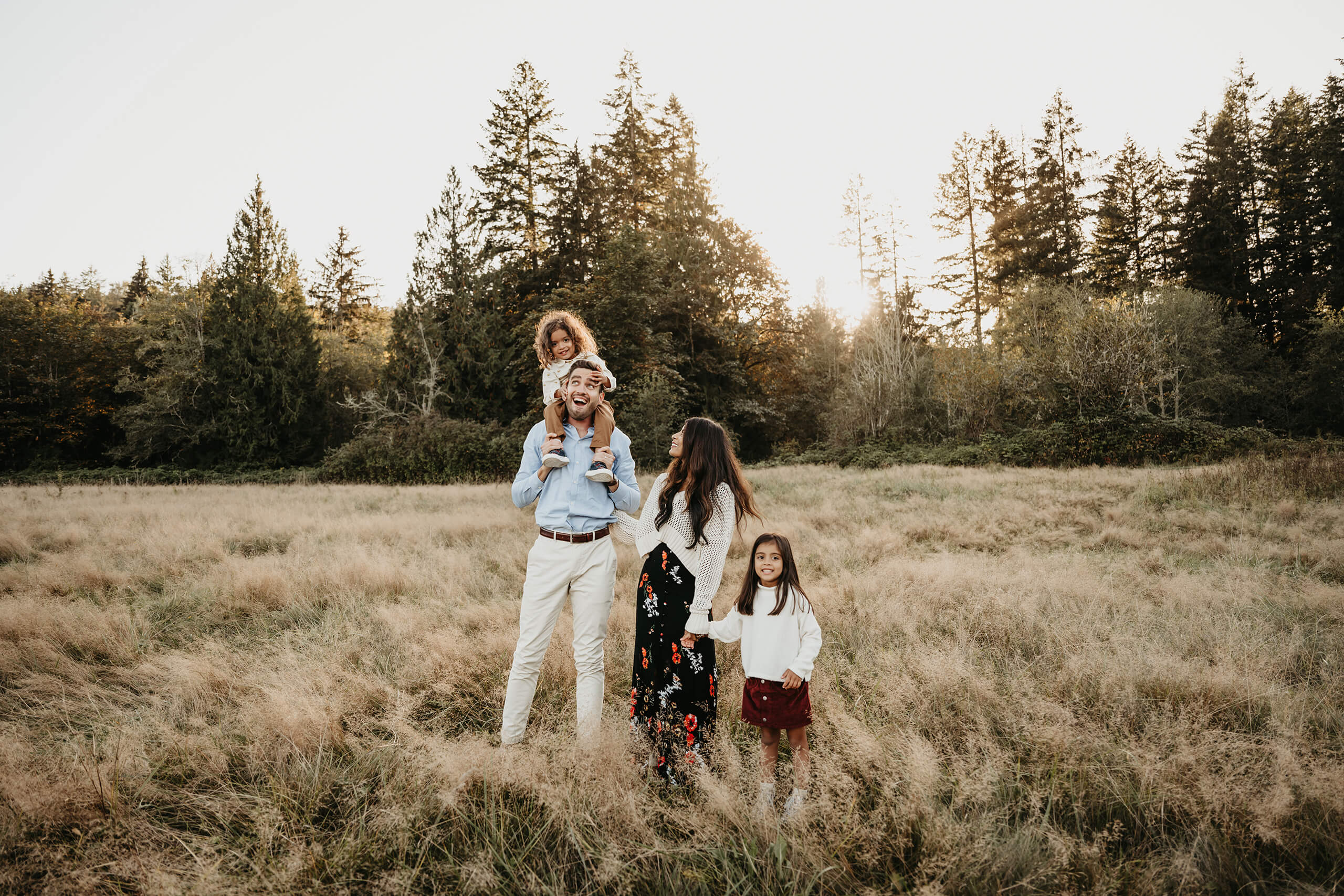 Family of four in a golden field at sunset, with one child on dad&rsquo;s shoulders and evergreen trees behind them during an outdoor family session.