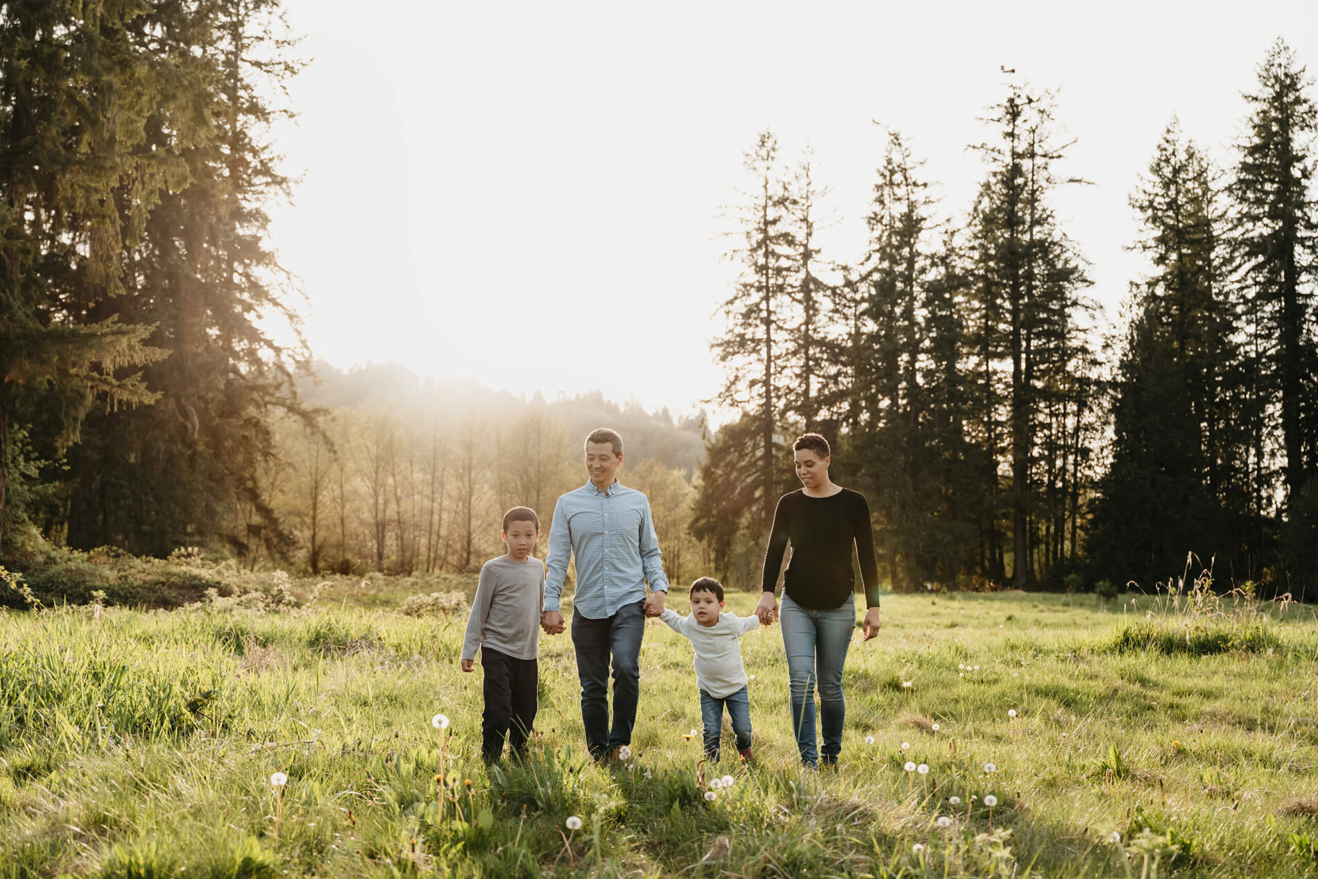 A family of 4 walking through a field during breathtaking sunset
