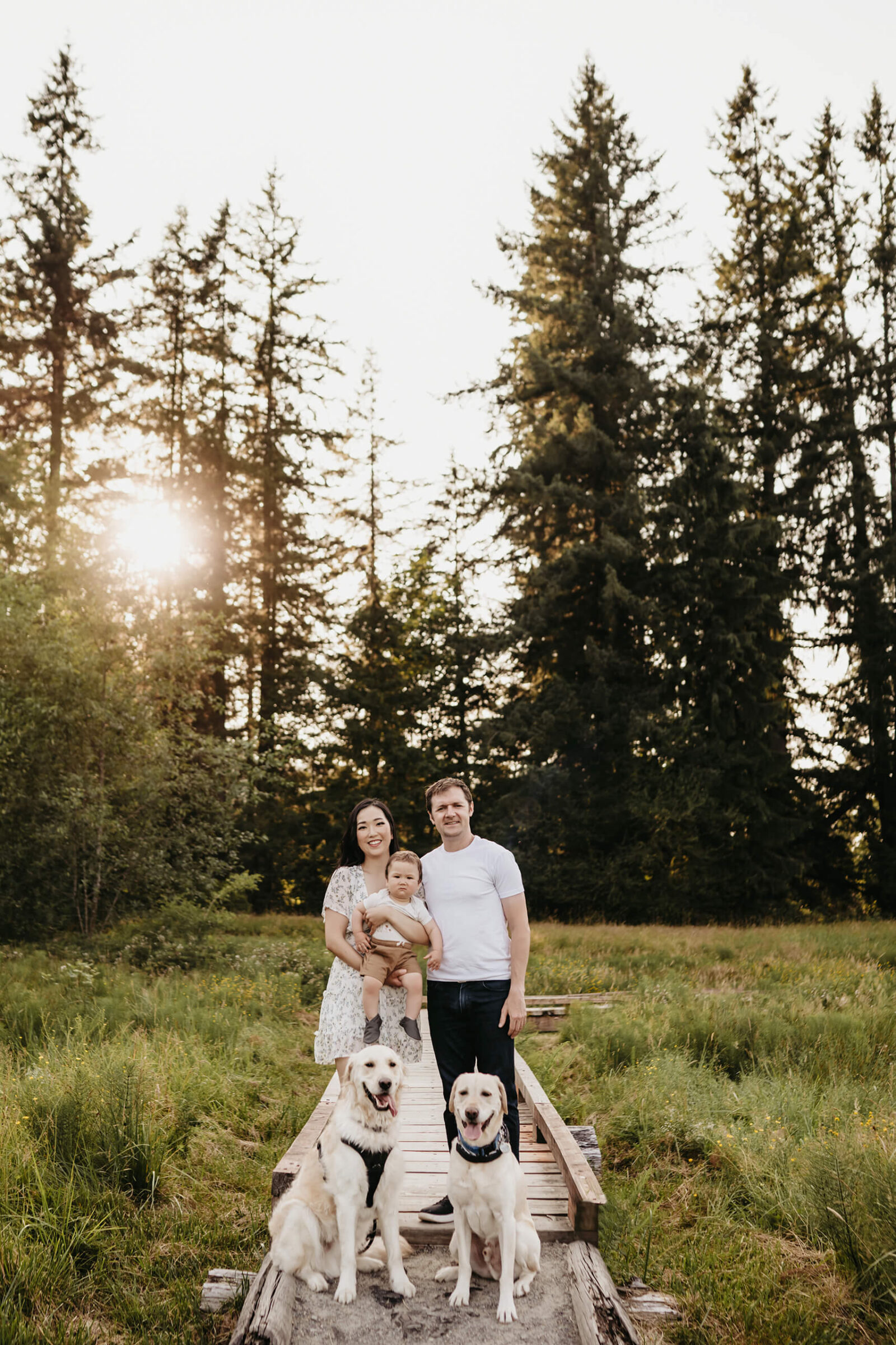 A family of three standing in a field with their two dogs