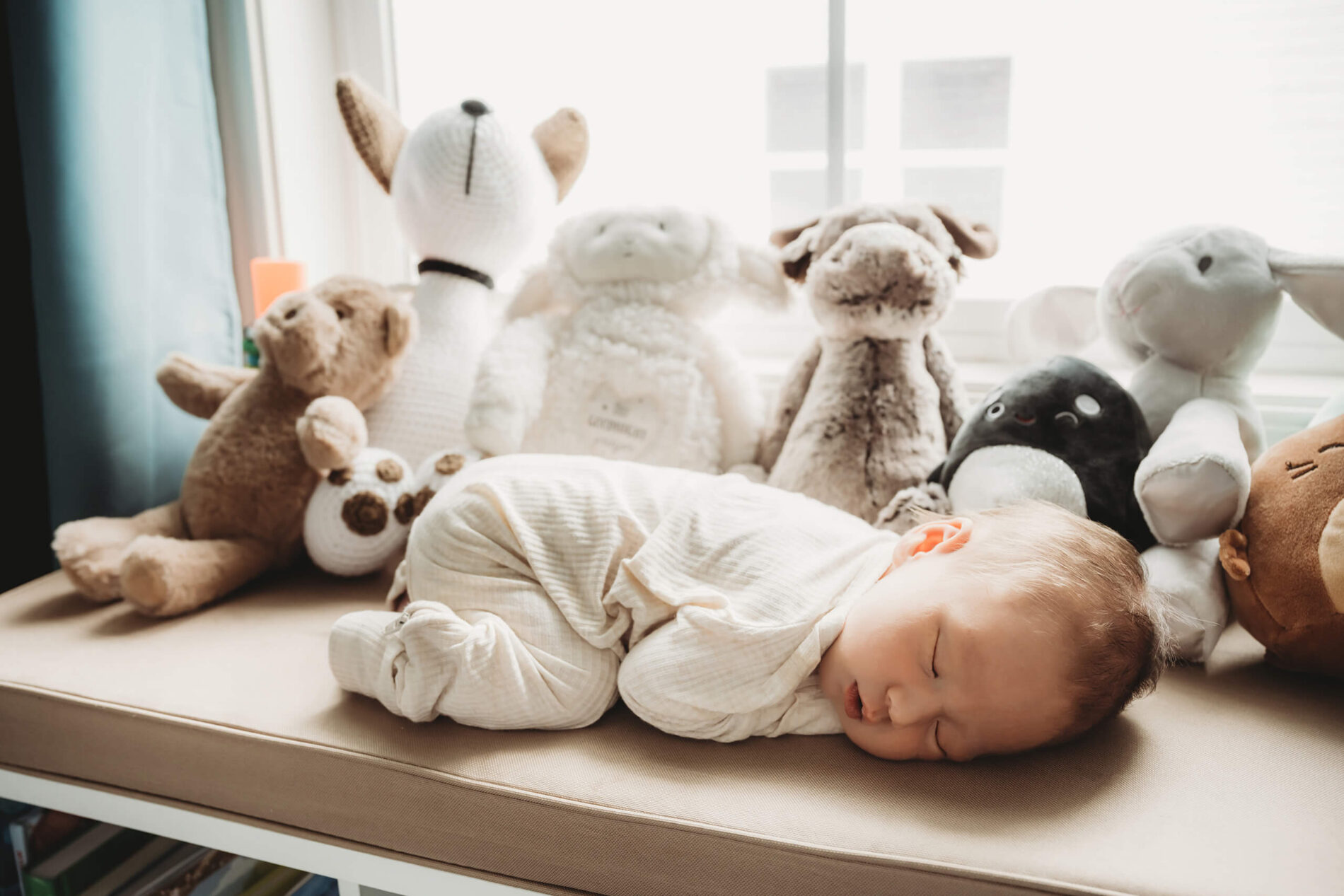 In-home newborn photography of a boy lying next to a large window surrounded with stuffed toys.