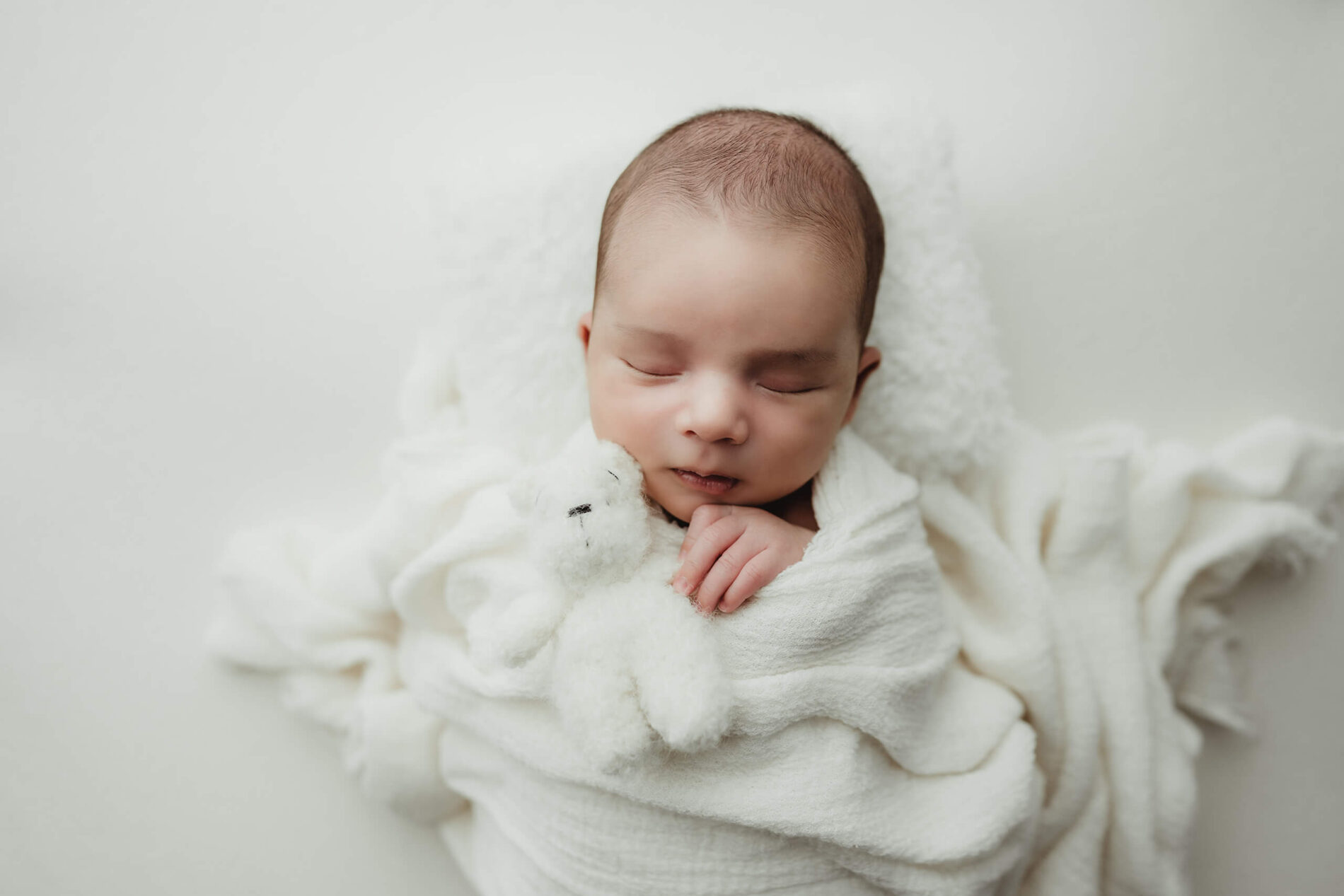 Newborn photography session: cozily-wrapped sleeping newborn boy holding a stuffed toy