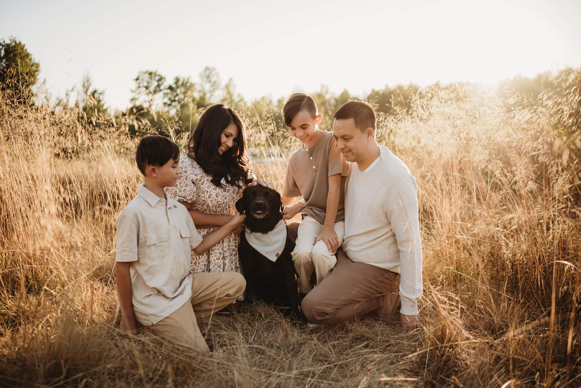 Lifestyle family photo session with mom, dad, and two sons, petting their dog in a beautiful sunlit field