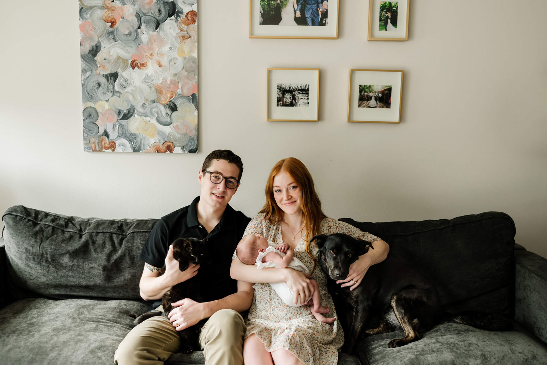Ideas for outfits and posing for mom and dad for in home newborn session with pets