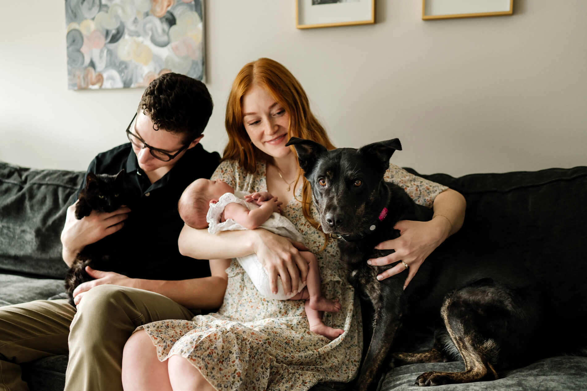 Ideas for outfits and posing for mom and dad for in home newborn session with pets