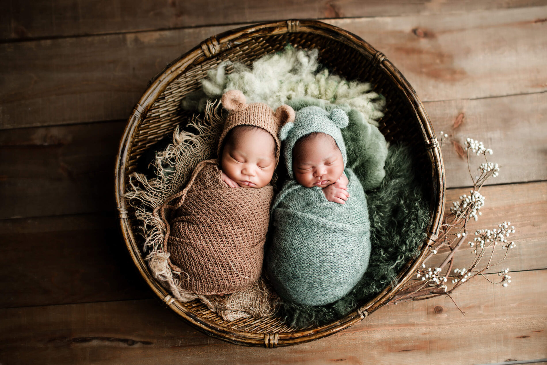 Twin newborn photo in a studio in a Seattle area studio