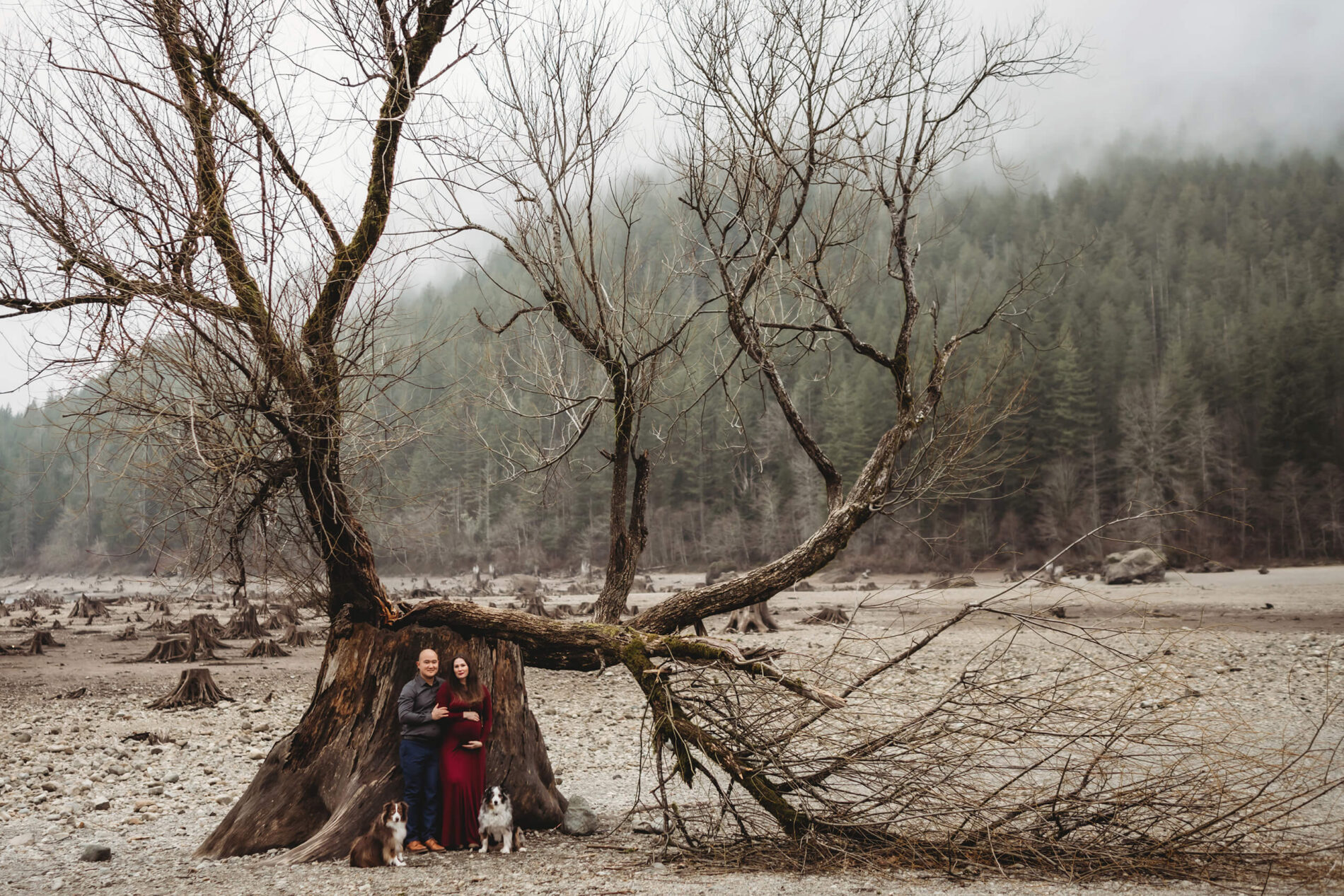 A couple posing during an outdoor winter maternity photo shoot