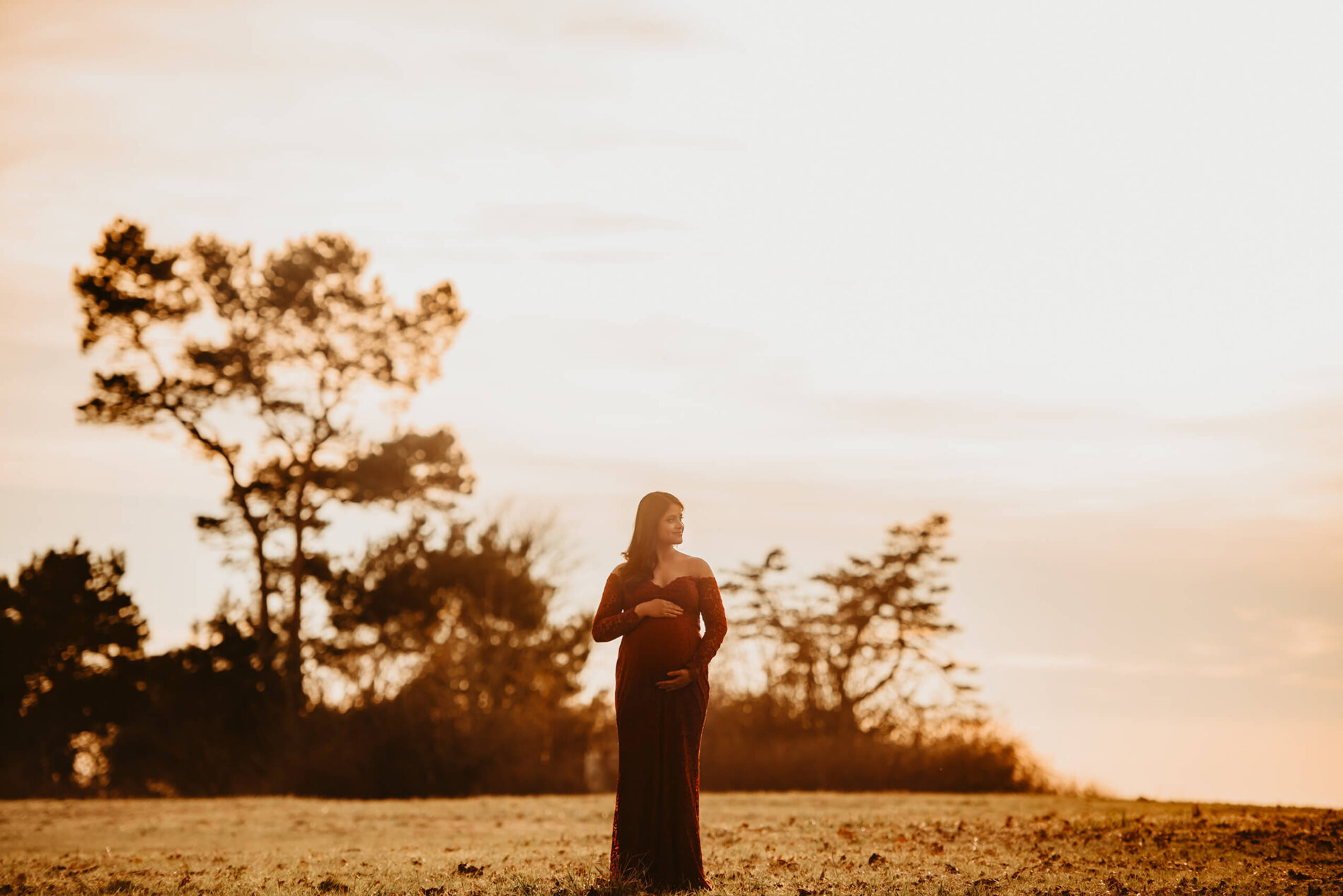 Winter maternity photos idea in a gown