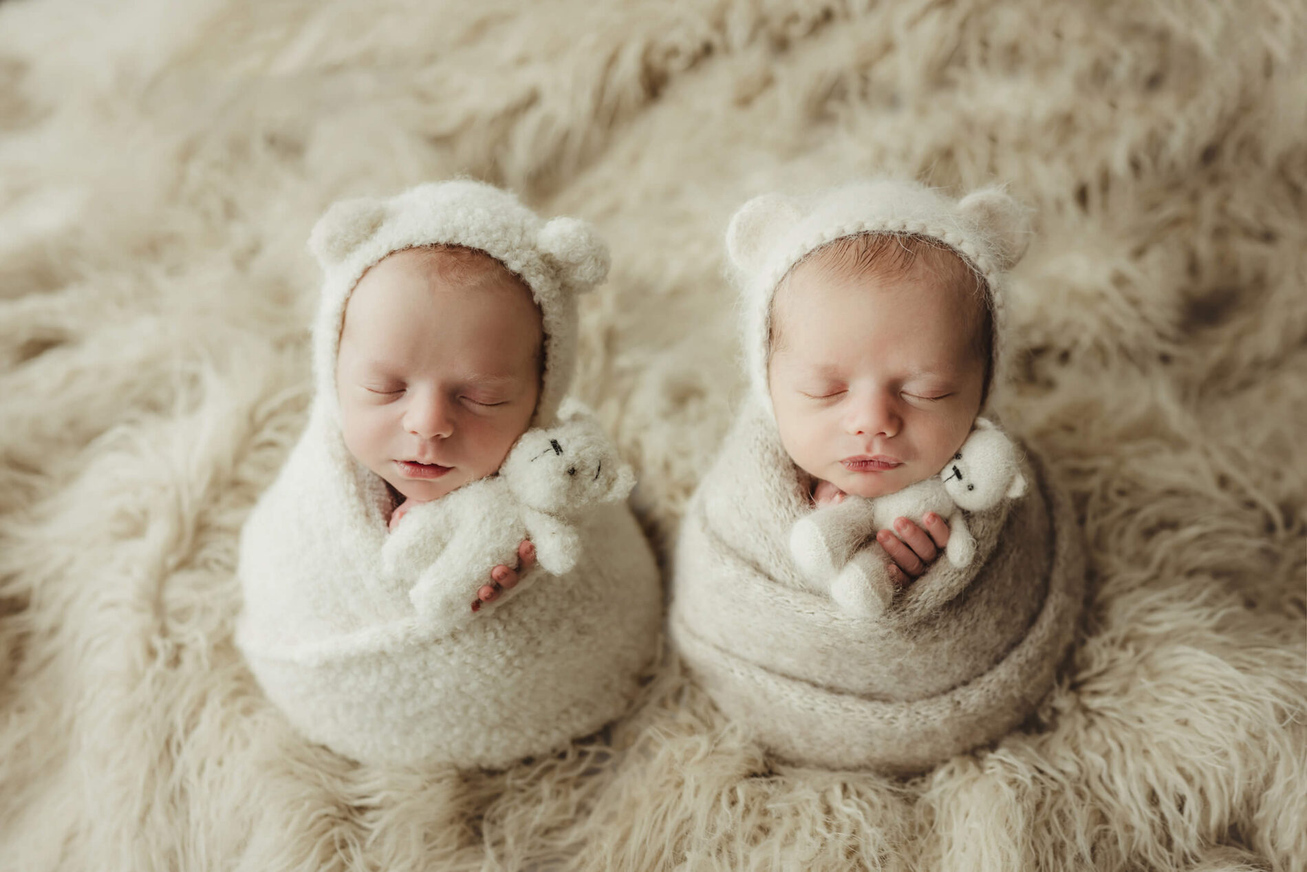 Twin newborn photography in a Seattle studio, wrapped boy and girl with stuffed toys masterfully posed