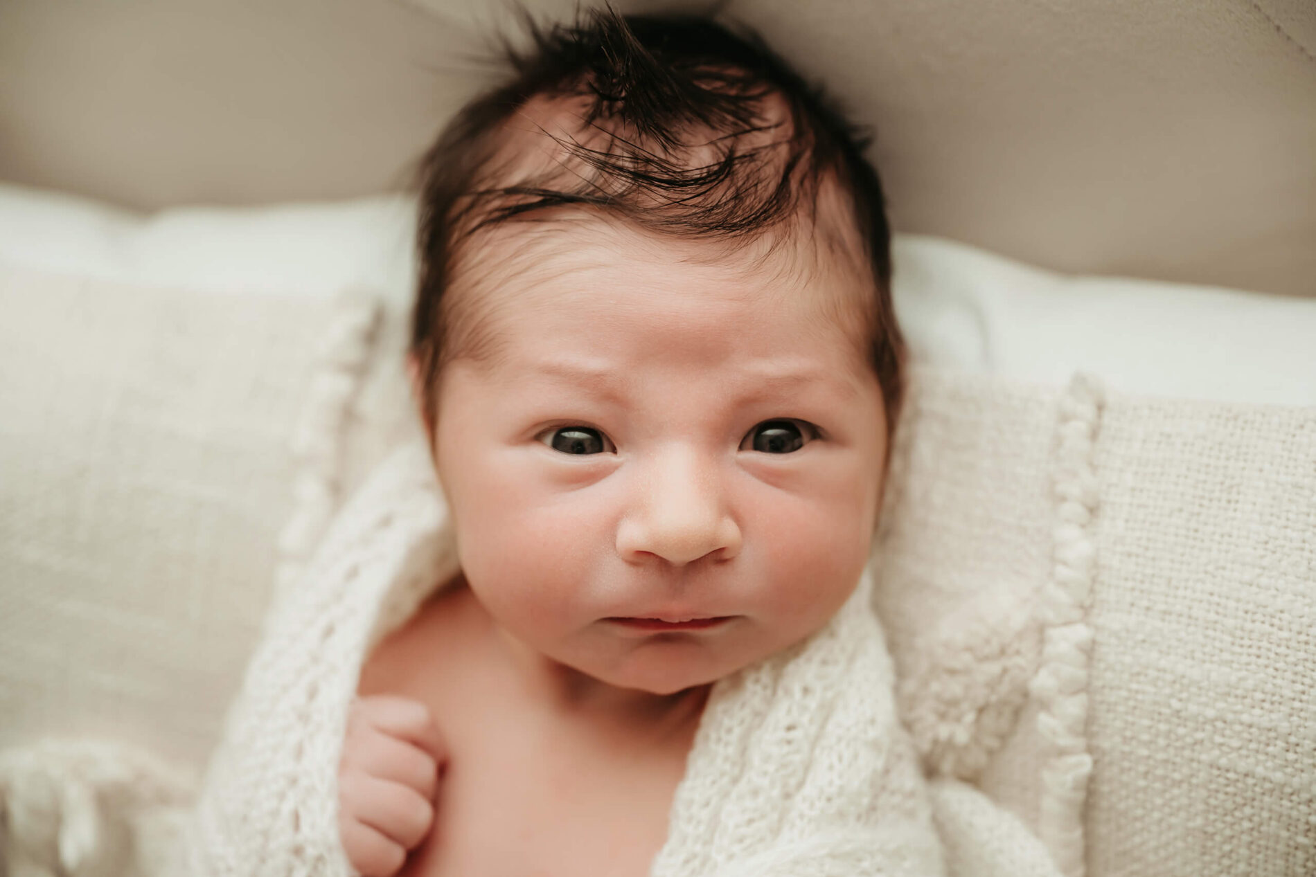 A moment during newborn photo shoo, awake baby boy looking straight into the camera