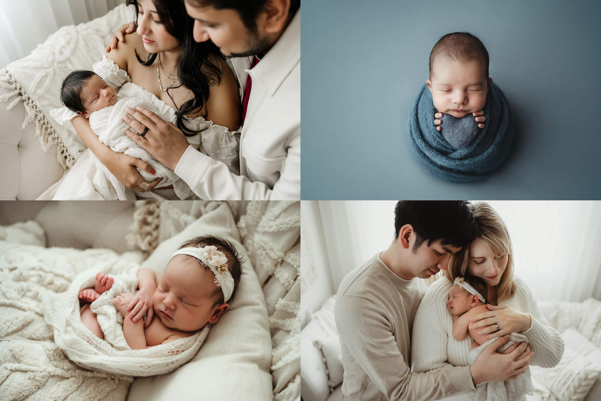 Seattle newborn studio and in-home photography, samples from four newborn photo shoots, baby shots and parent with baby shots