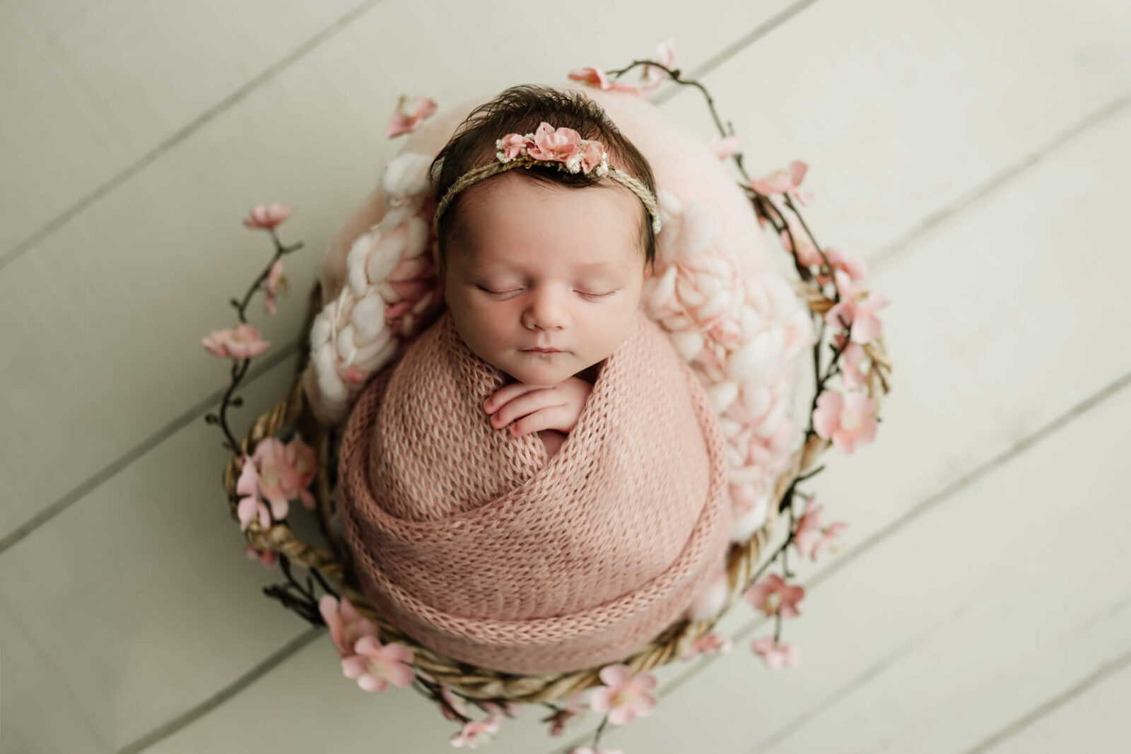 Seattle studio newborn photo shoot, posed shot of baby girl