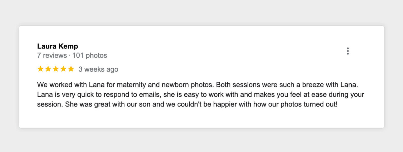 A screenshot of a Google Review from one of my clients mentioning how I made them feel at ease during the newborn session.