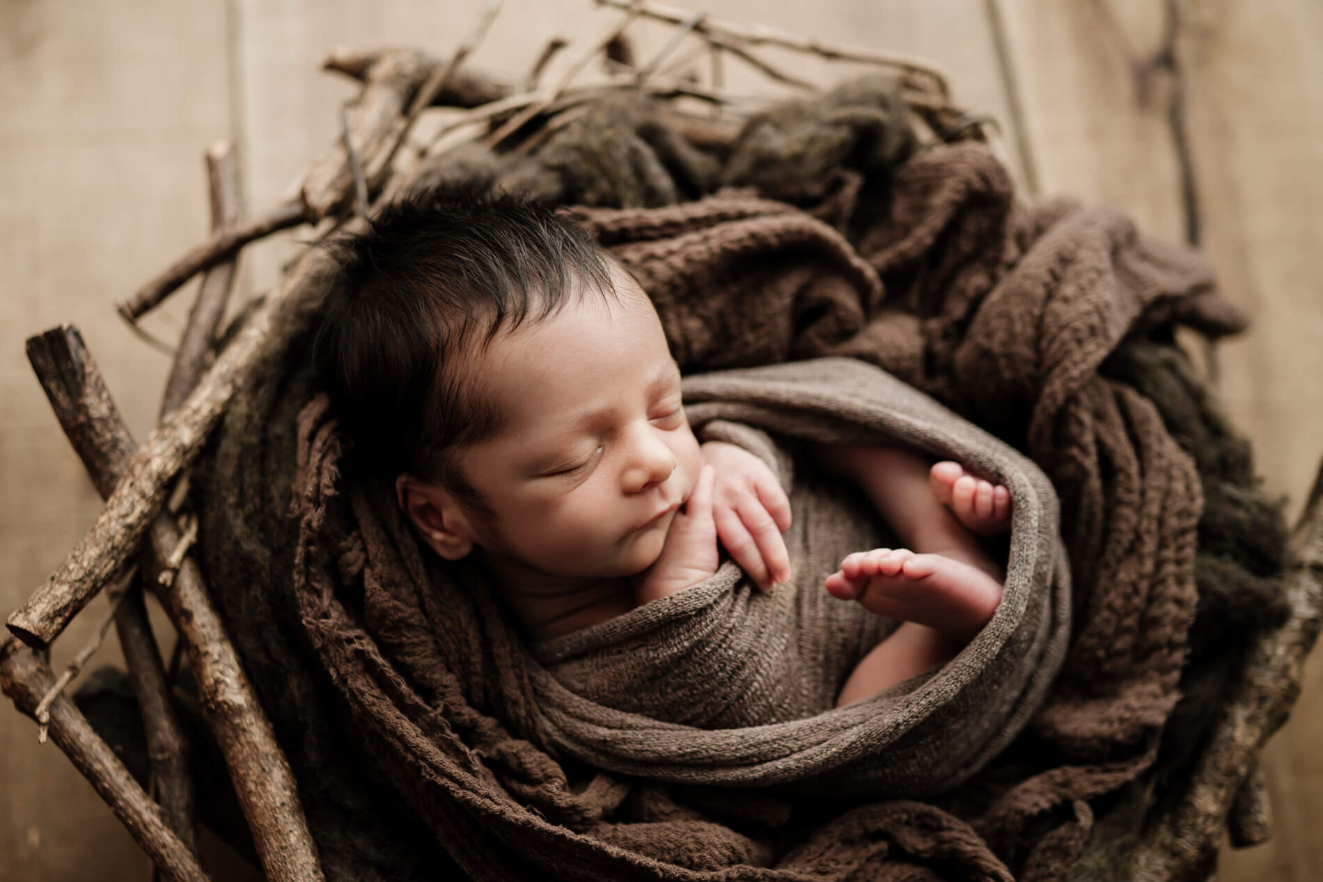 Kirkland newborn photography shoot. Infant boy wrapped and posed in a nest-shaped prop.