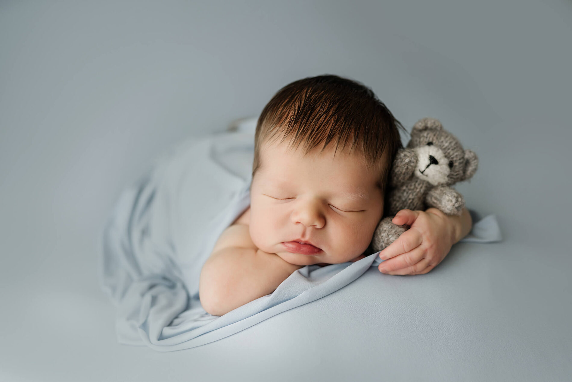 Newborn portraits taken in a Kirkland area studio. Sleeping baby boy posed with a stuffed animal.