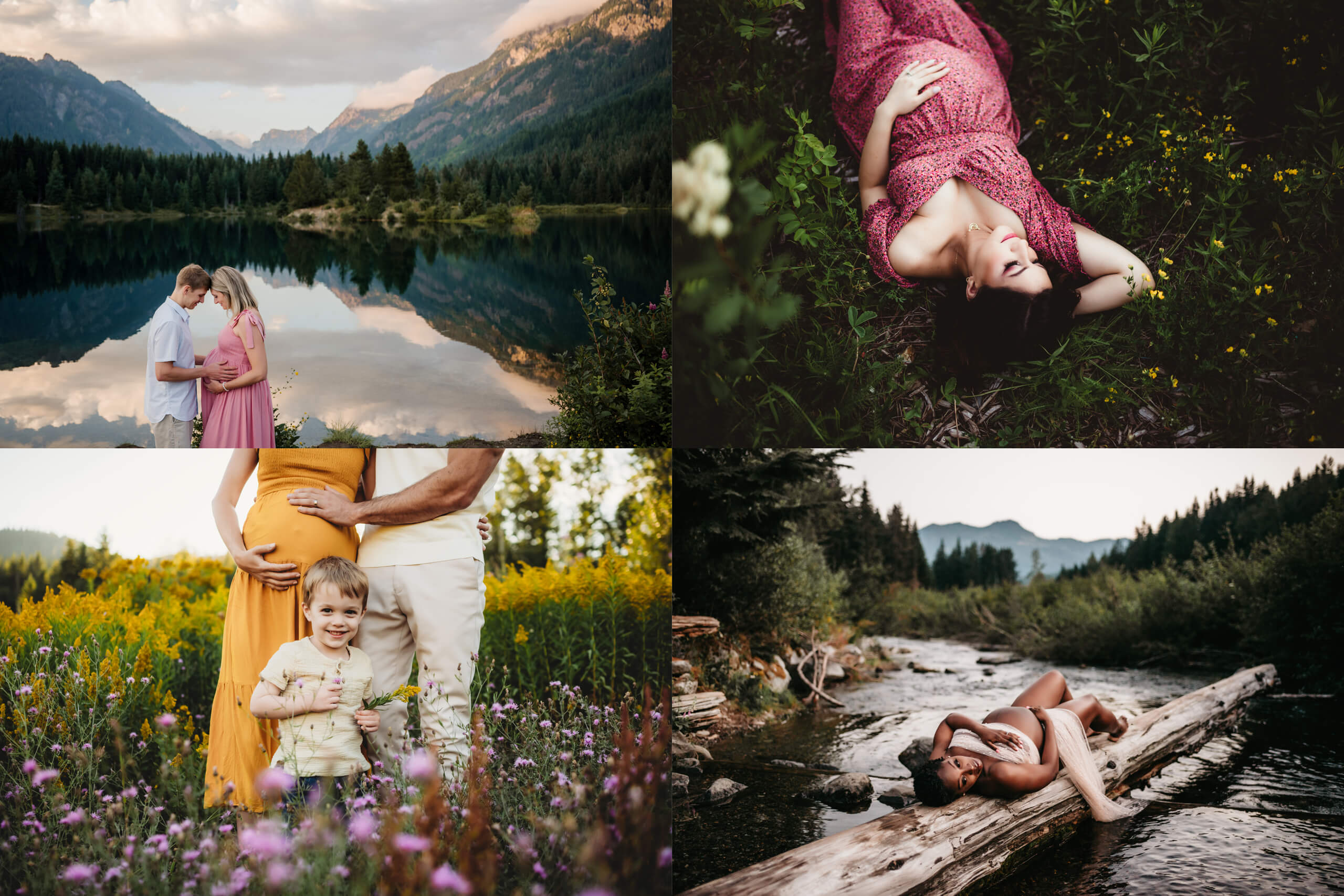 A collage of maternity photos that highlight the beauty of Snoqualmie Pass photoshoots