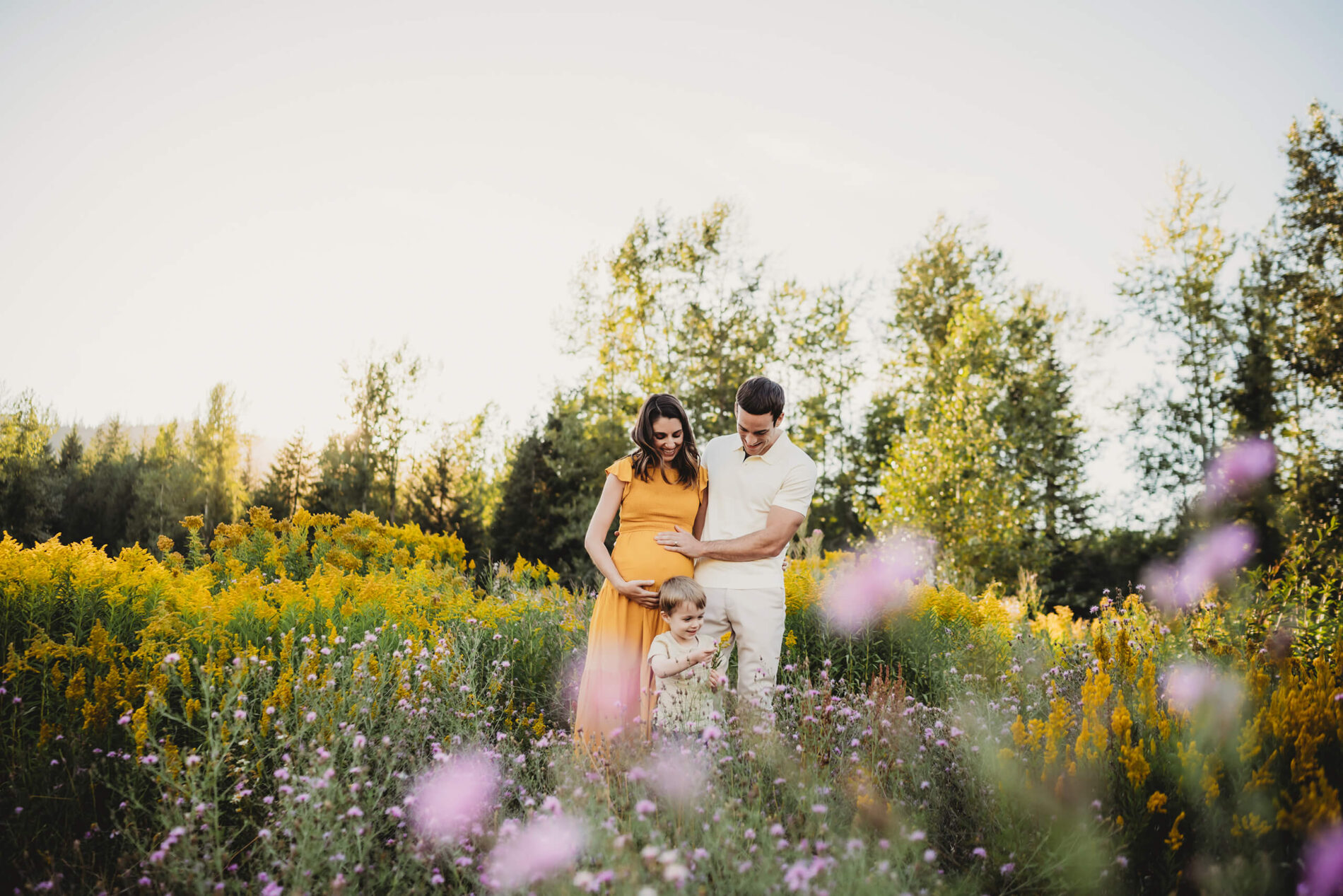 Posing idea for a maternity photo with a sibling in Seattle, family in a field of wildflowers