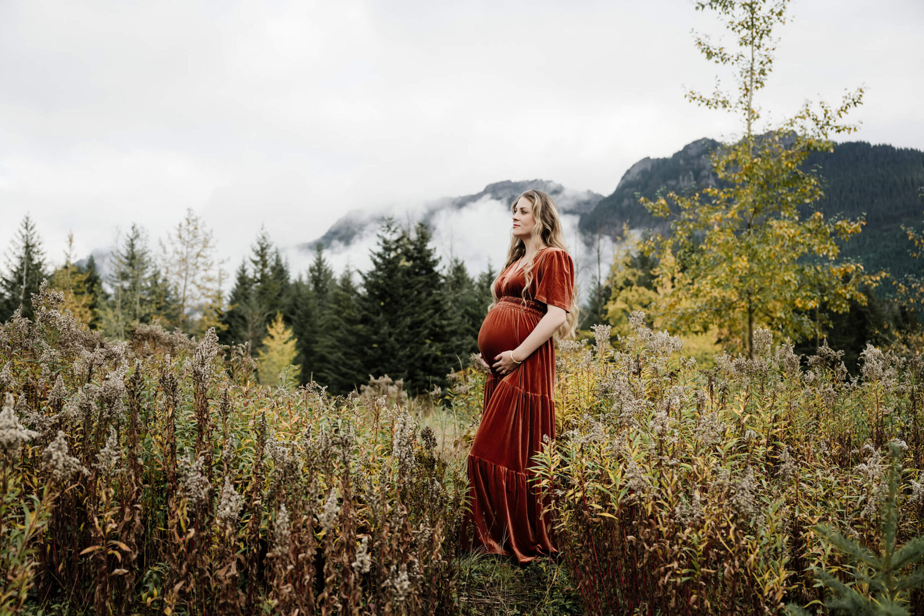 Fall maternity photoshoot in Seattle, pregnant woman posed in a field with Cascades in the background