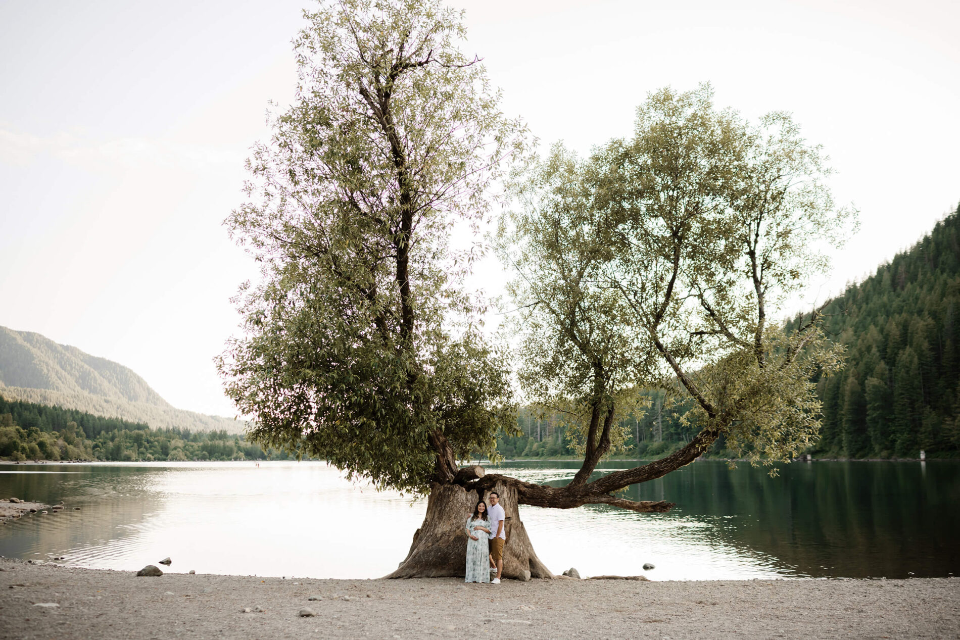 A couple posed in front of a large tree and lake with Cascades in the background during maternity session in Seattle area