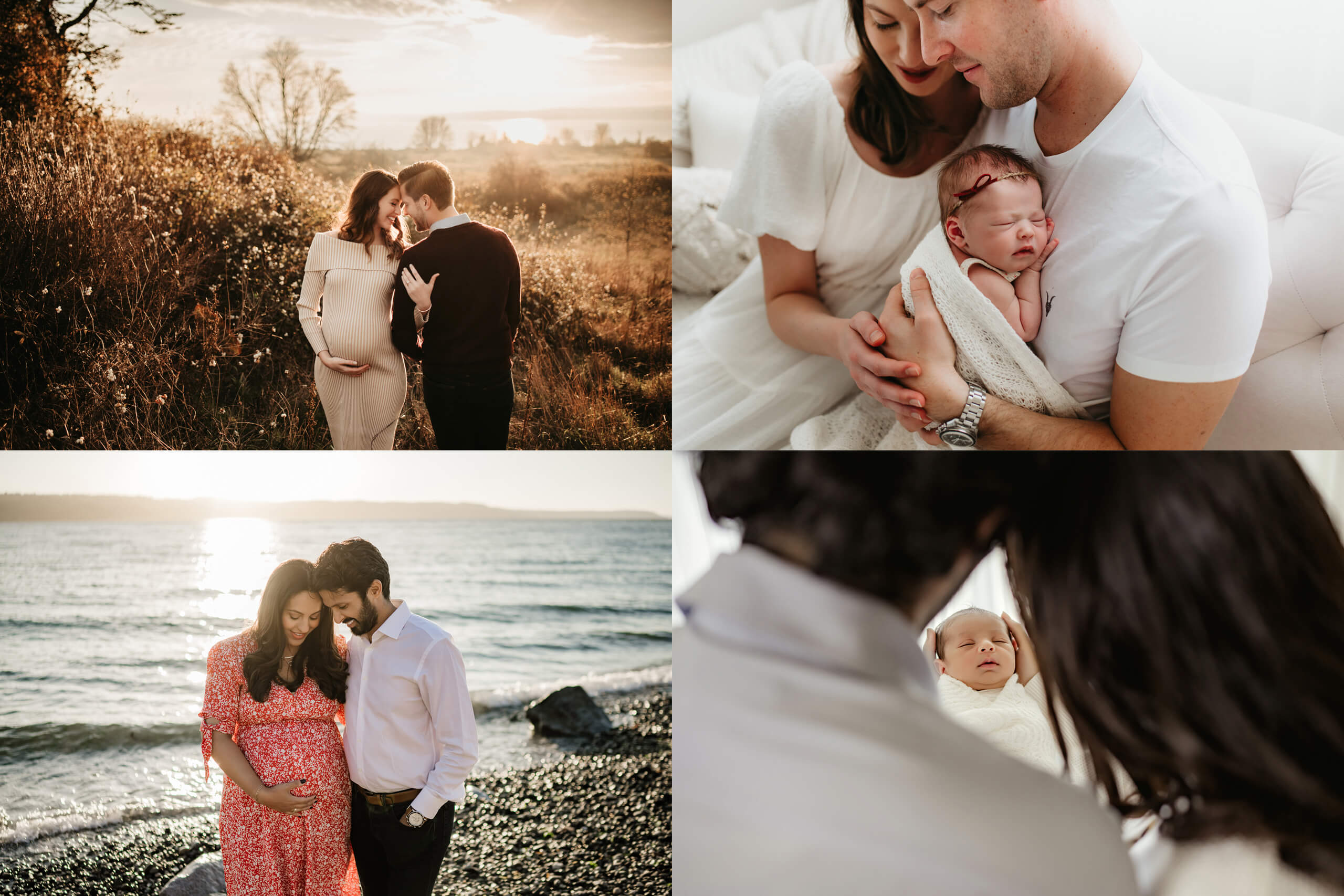 A collage of photos showcasing Seattle maternity and newborn photography