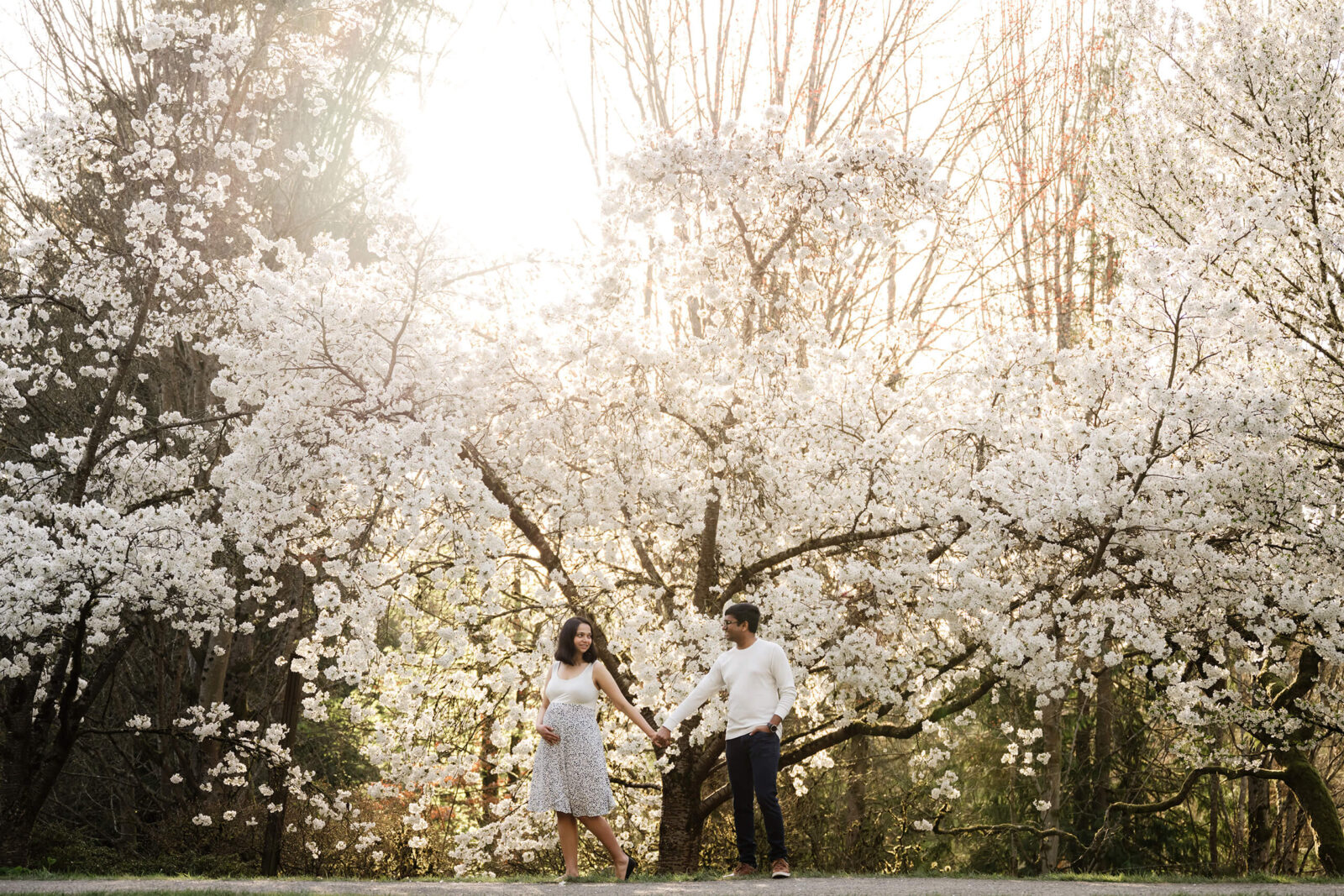 Expecting couple holding hands beneath blooming cherry trees during a spring outdoor maternity session near Seattle.