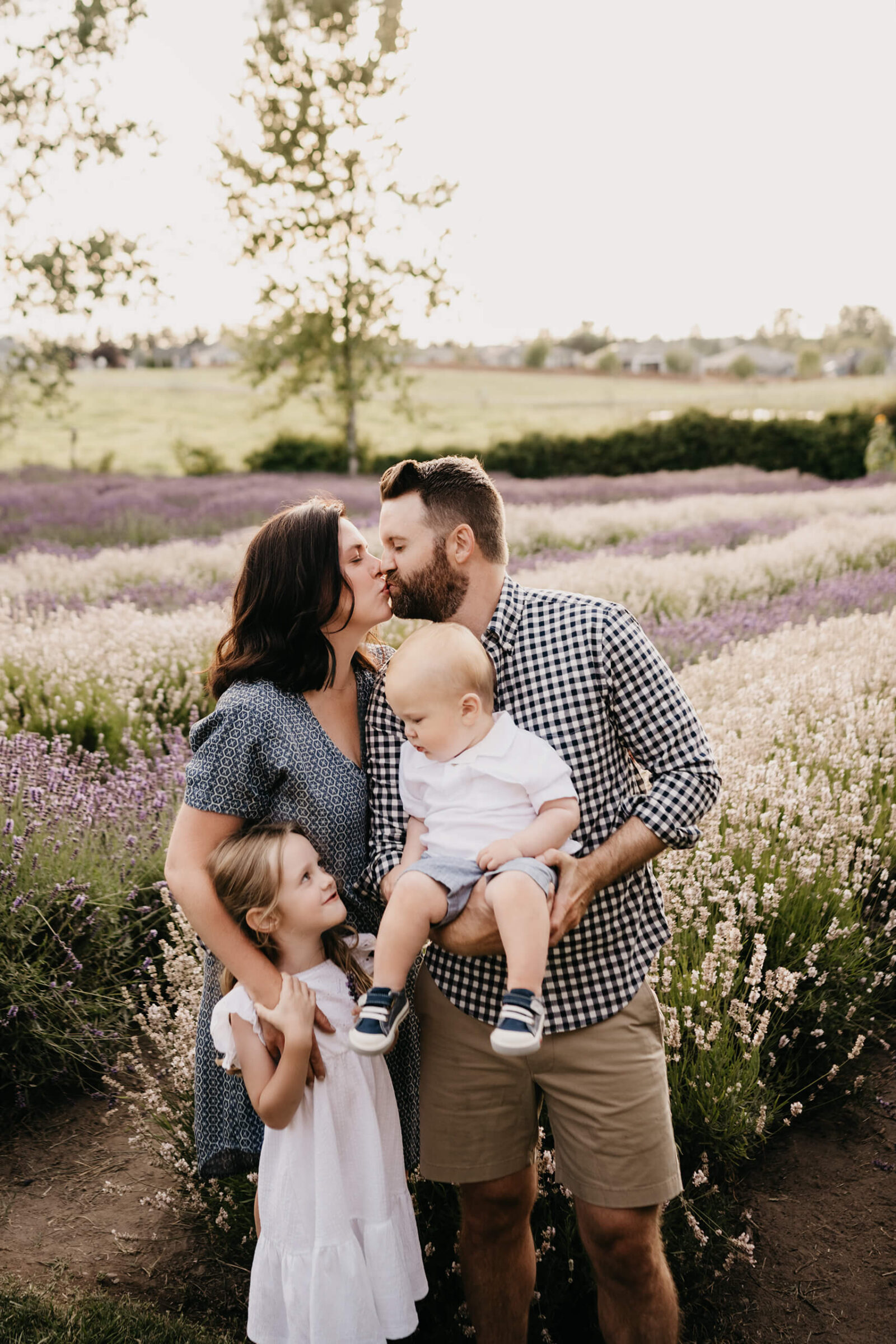 Family of four professional portrait on a lavender farm in Seattle