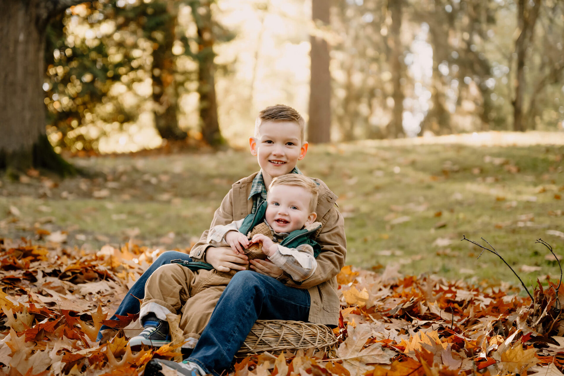 Portrait of two brothers with fall foliage in Seattle