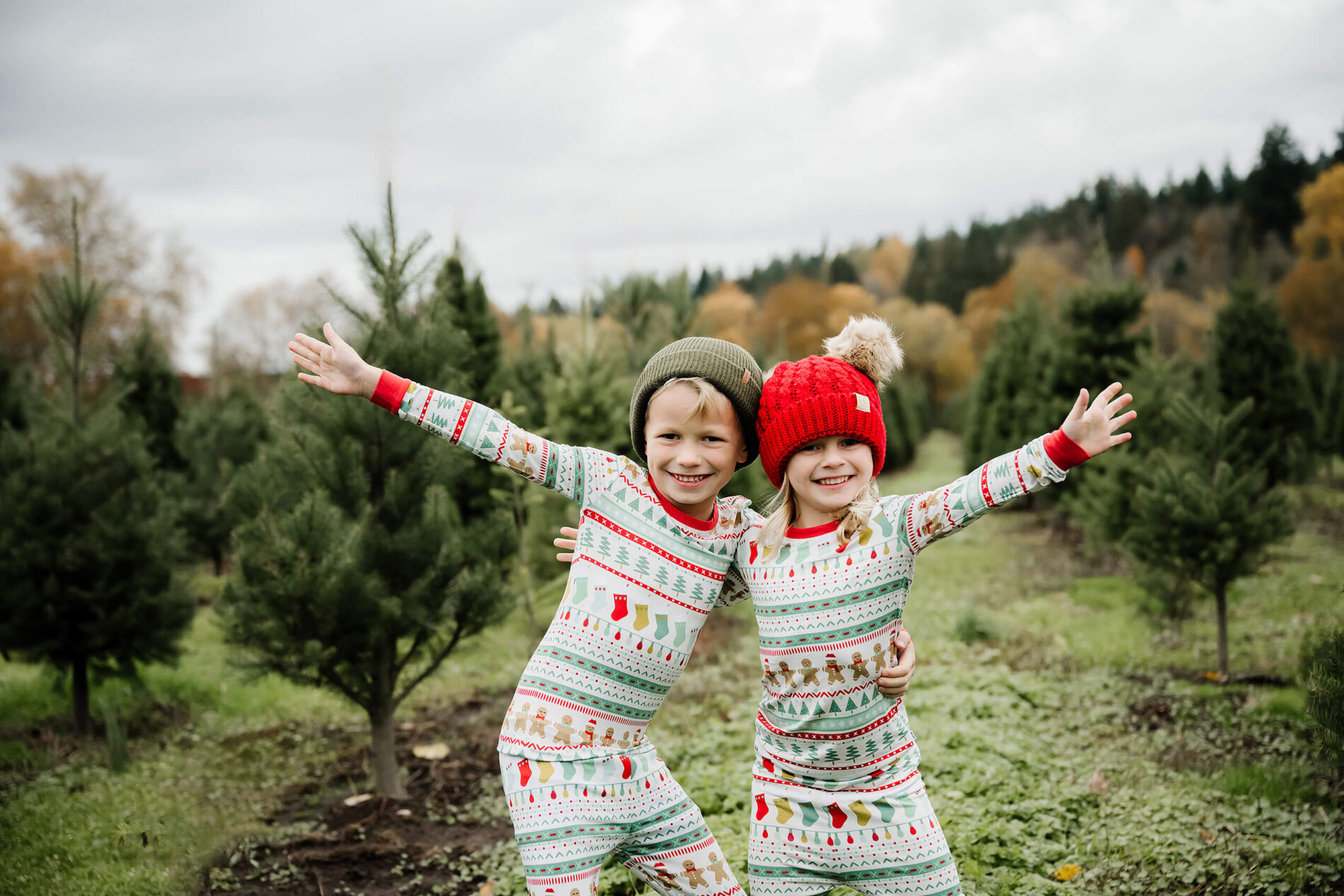 Christmas tree farm photos in holiday pajamas