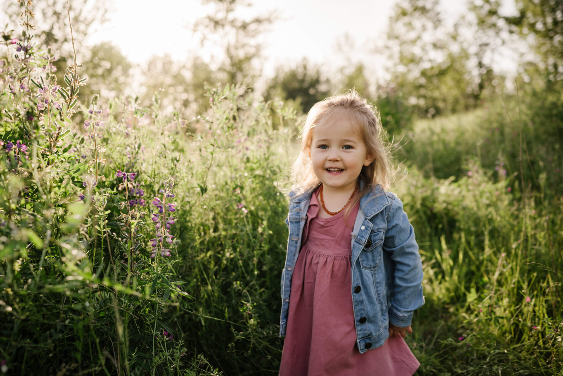 Portrait of a young girl in a field of lupines during sunset