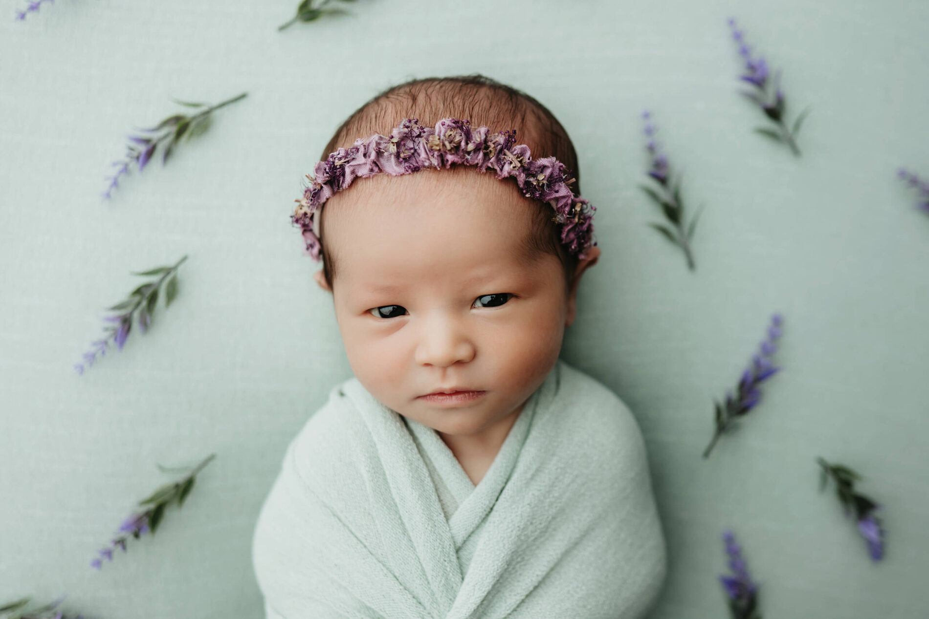 Alert newborn swaddled in mint wrap, lavender sprigs scattered around and a purple flower crown framing her gaze.