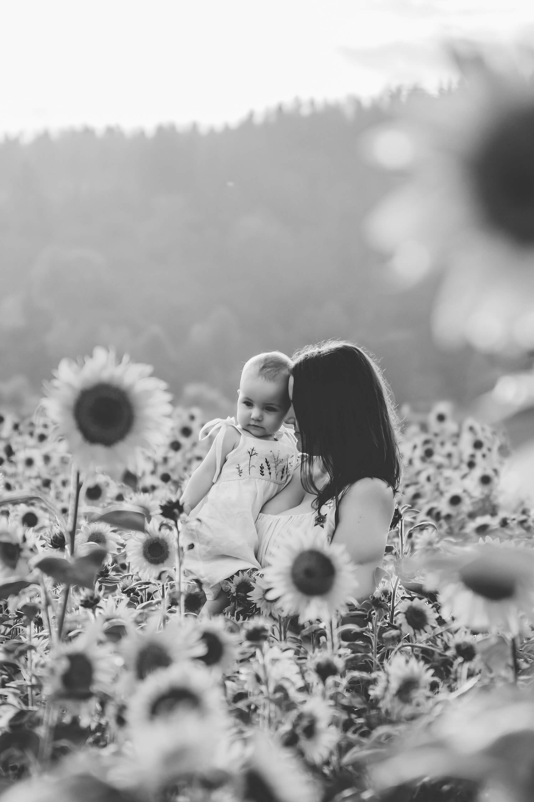 Black-and-white portrait of a mother resting her forehead against her baby amid softly blurred sunflowers.