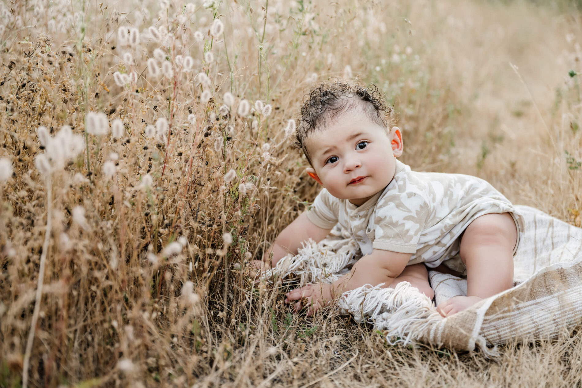 Baby crawling on a striped blanket amid fluffy tan meadow grasses, looking curiously at the camera.