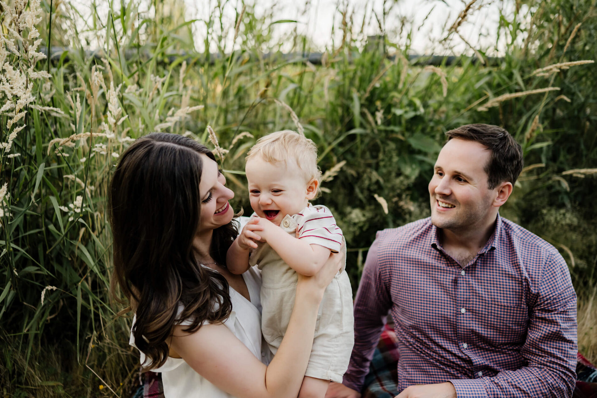 Mom cuddles a giggling baby while dad looks on, all three surrounded by tall summer grasses in a park near Bellevue, WA