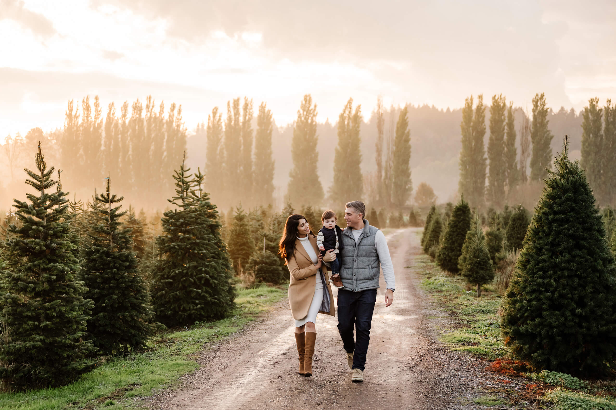 Family walking through Christmas tree farm at sunset – Seattle holiday mini session with parents holding their toddler among rows of evergreens.