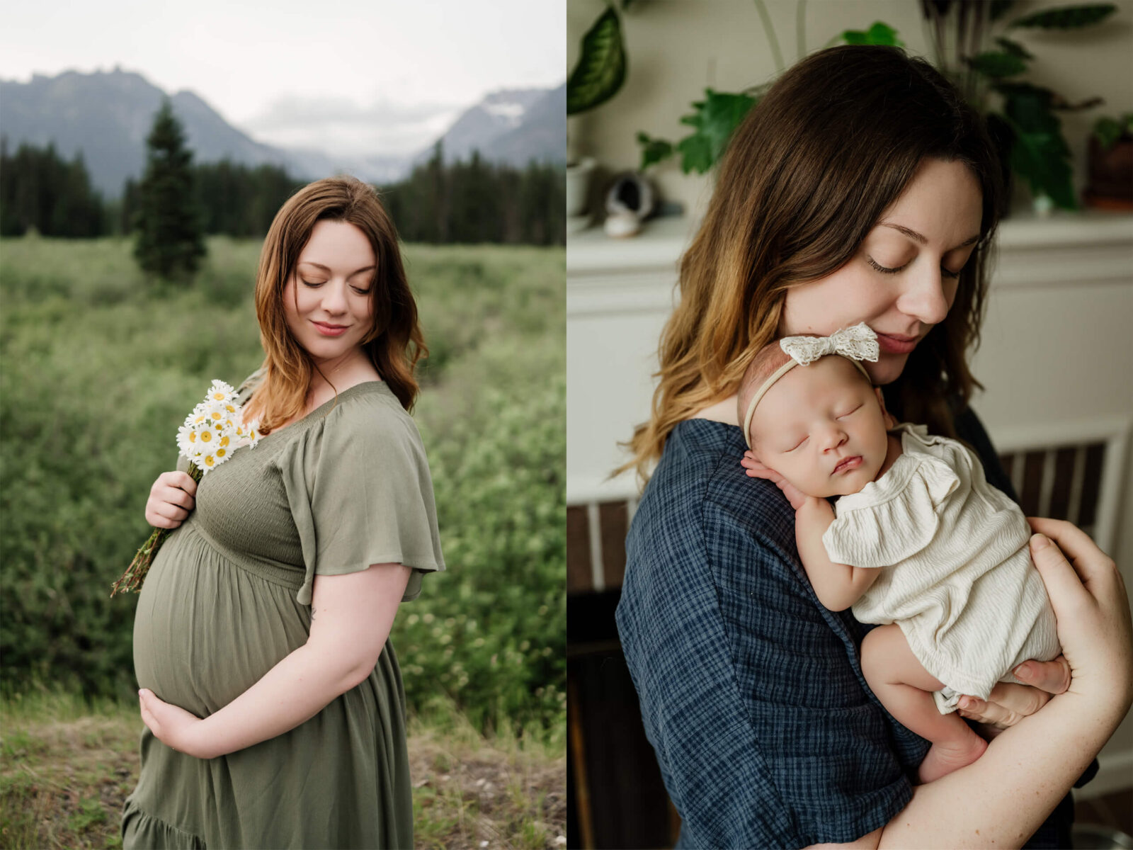 Collage showing a maternity portrait outdoors in Seattle and a newborn photo of a mother holding her sleeping baby during a studio newborn photoshoot