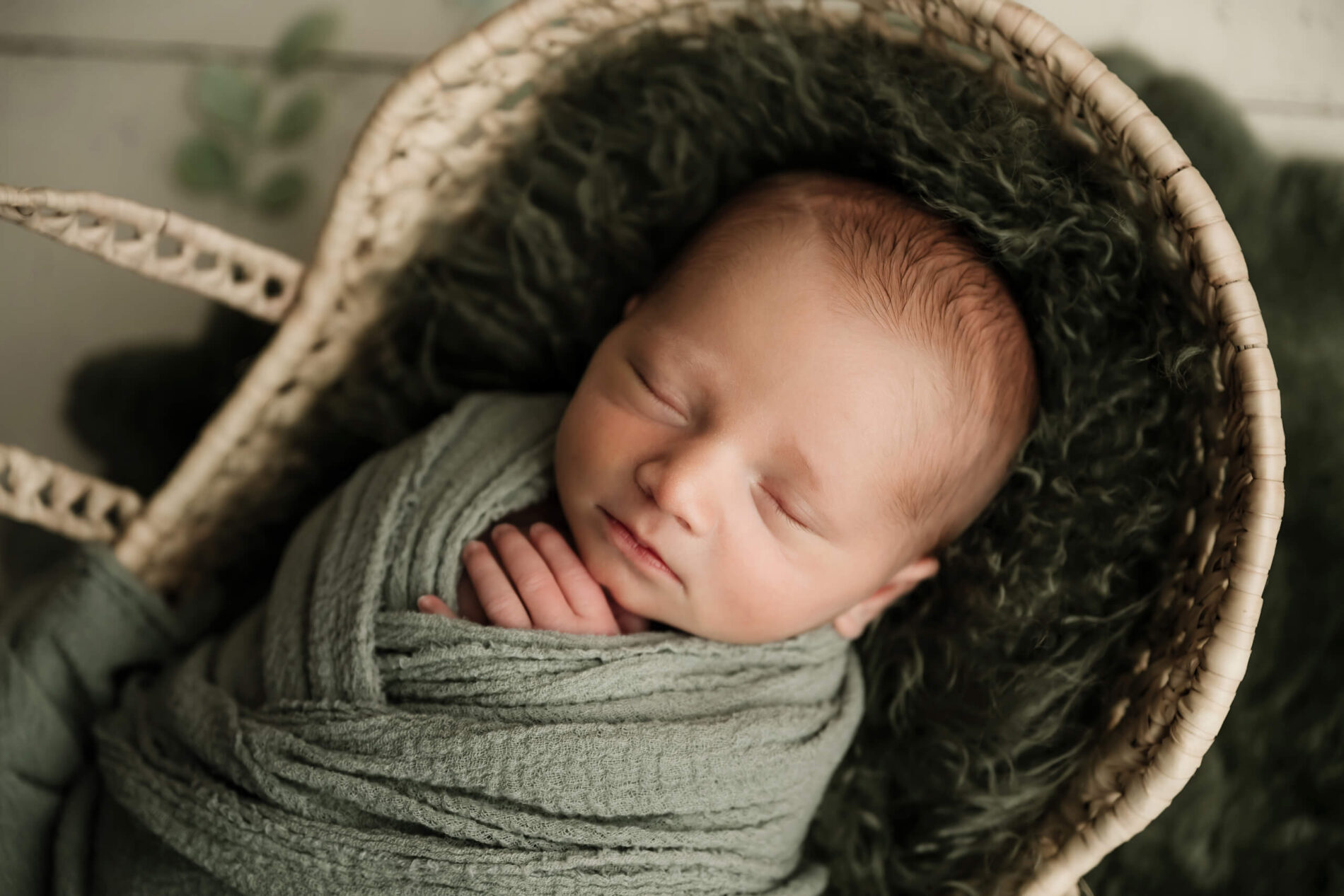 Close-up portrait of a sleeping newborn wrapped in sage fabric, resting in a basket during a baby-focused studio newborn session in Seattle.