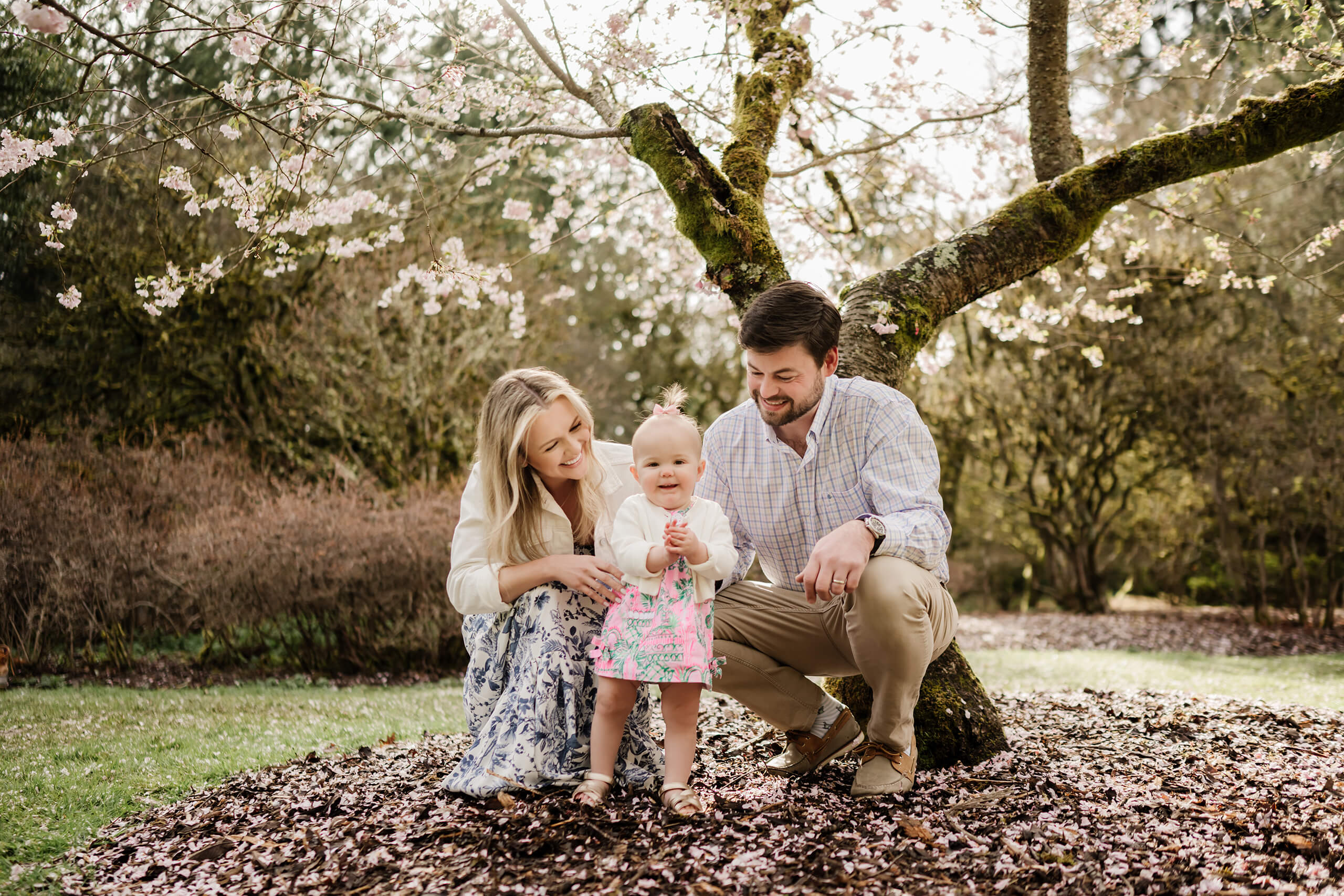 Parents crouch beside their smiling toddler under blooming cherry branches, spring family portrait in a Seattle park.