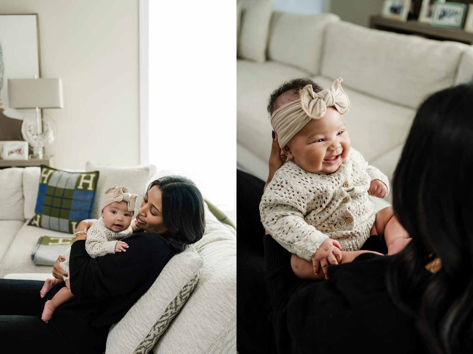 Three month old baby photographed with parent during a Seattle in home newborn photoshoot