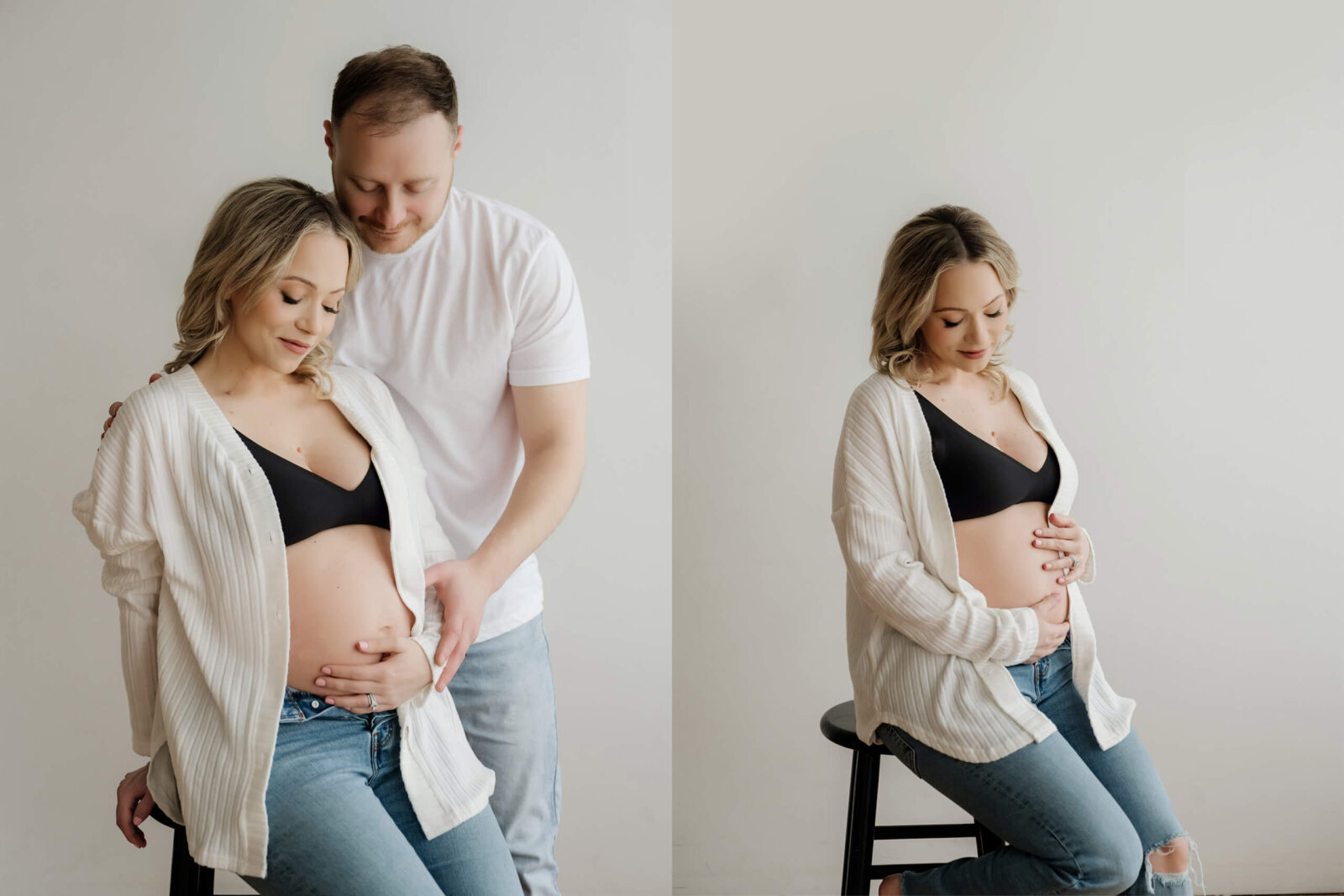 Collage of two studio maternity portraits: couple holding her bare belly, and a seated solo portrait in jeans and a white cardigan.