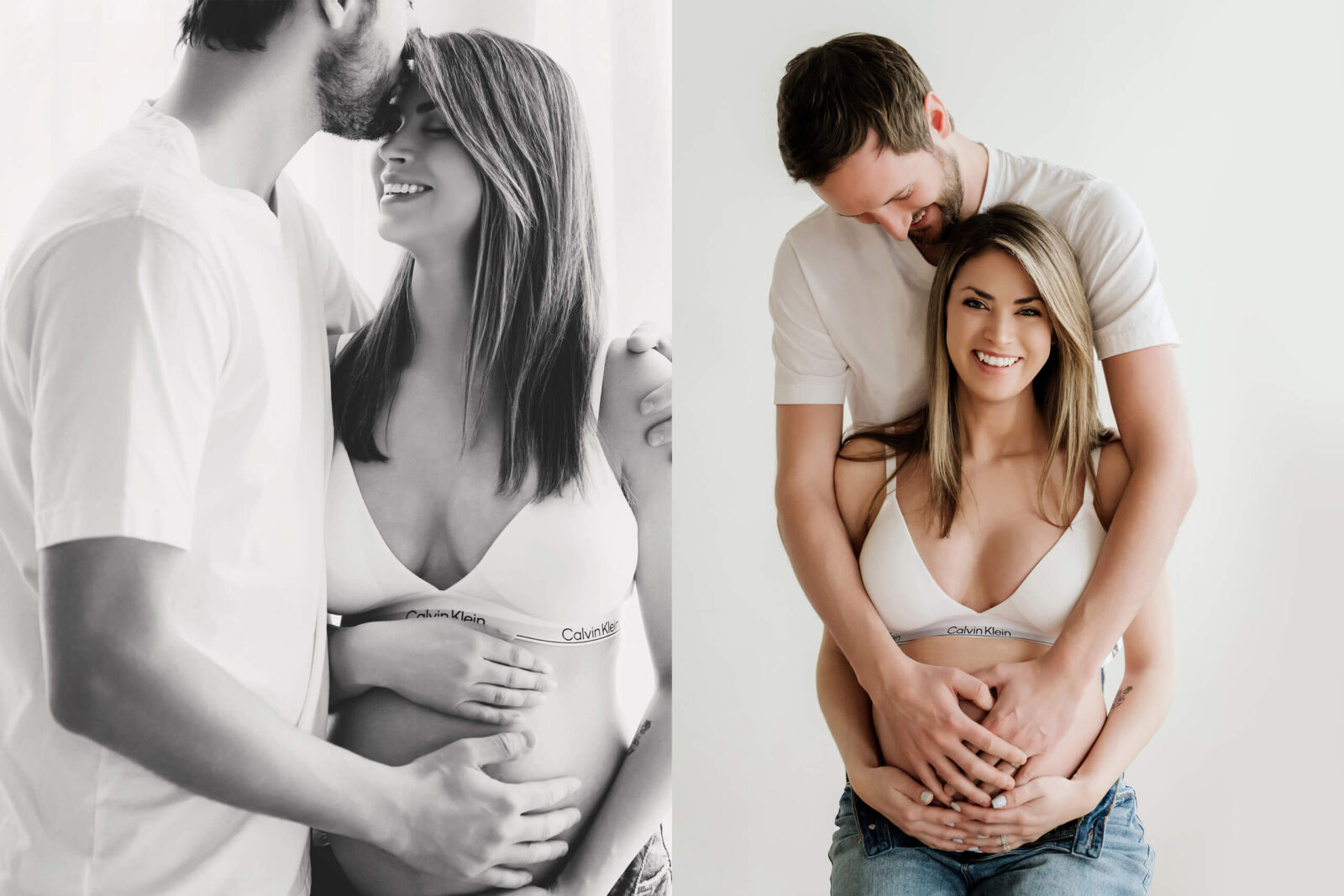 Collage of two maternity portraits in a bright white studio: left, black-and-white close-up of a couple holding the baby bump; right, color portrait of the couple with dad hugging from behind and both hands resting on the belly.