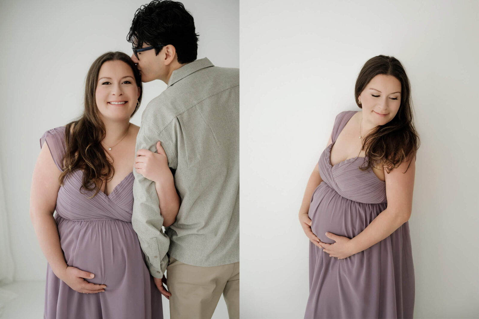 Studio maternity photo collage with an expecting mom in a mauve dress, including a sweet partner portrait and a solo belly portrait.