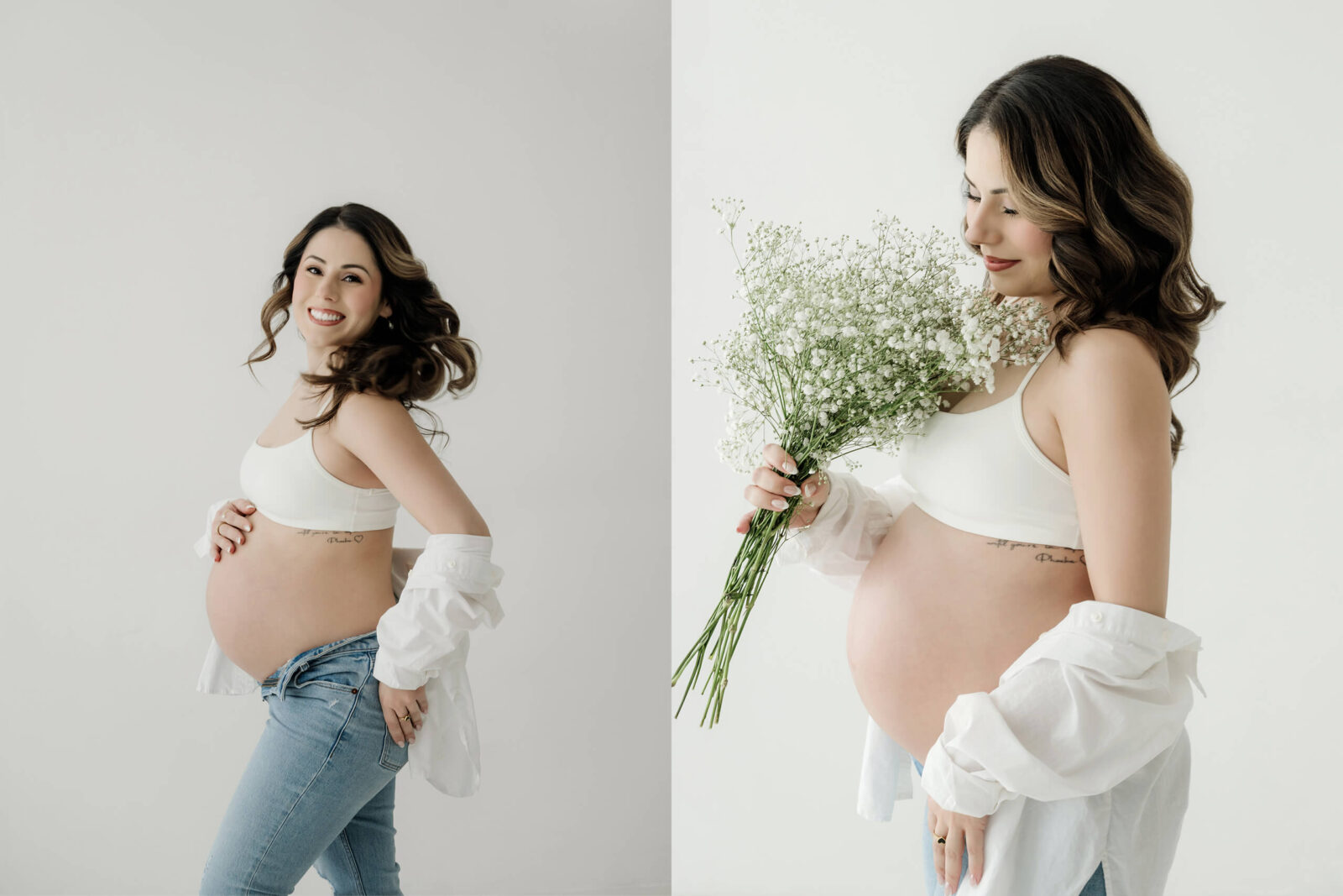 Studio maternity photo collage with an expecting mom in a white top and jeans, including a smiling belly portrait and a soft portrait with white flowers.