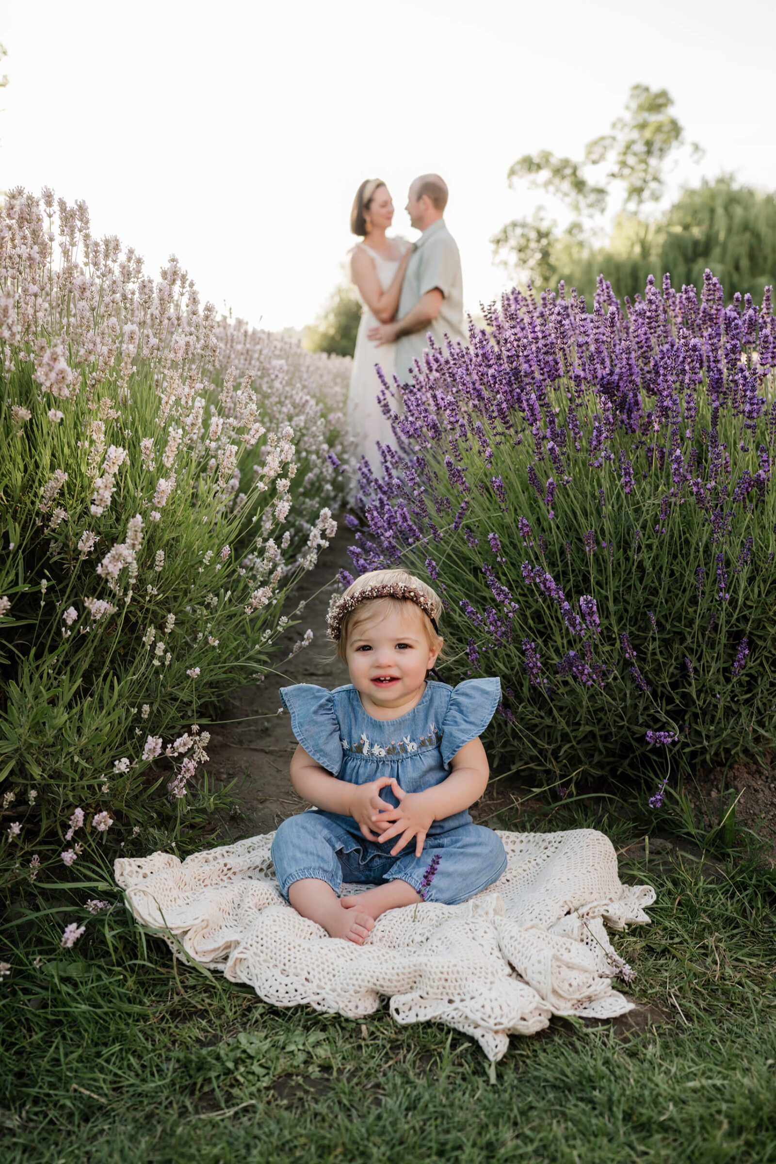 Toddler sitting between lavender rows with parents softly blurred in the background at a Sequim